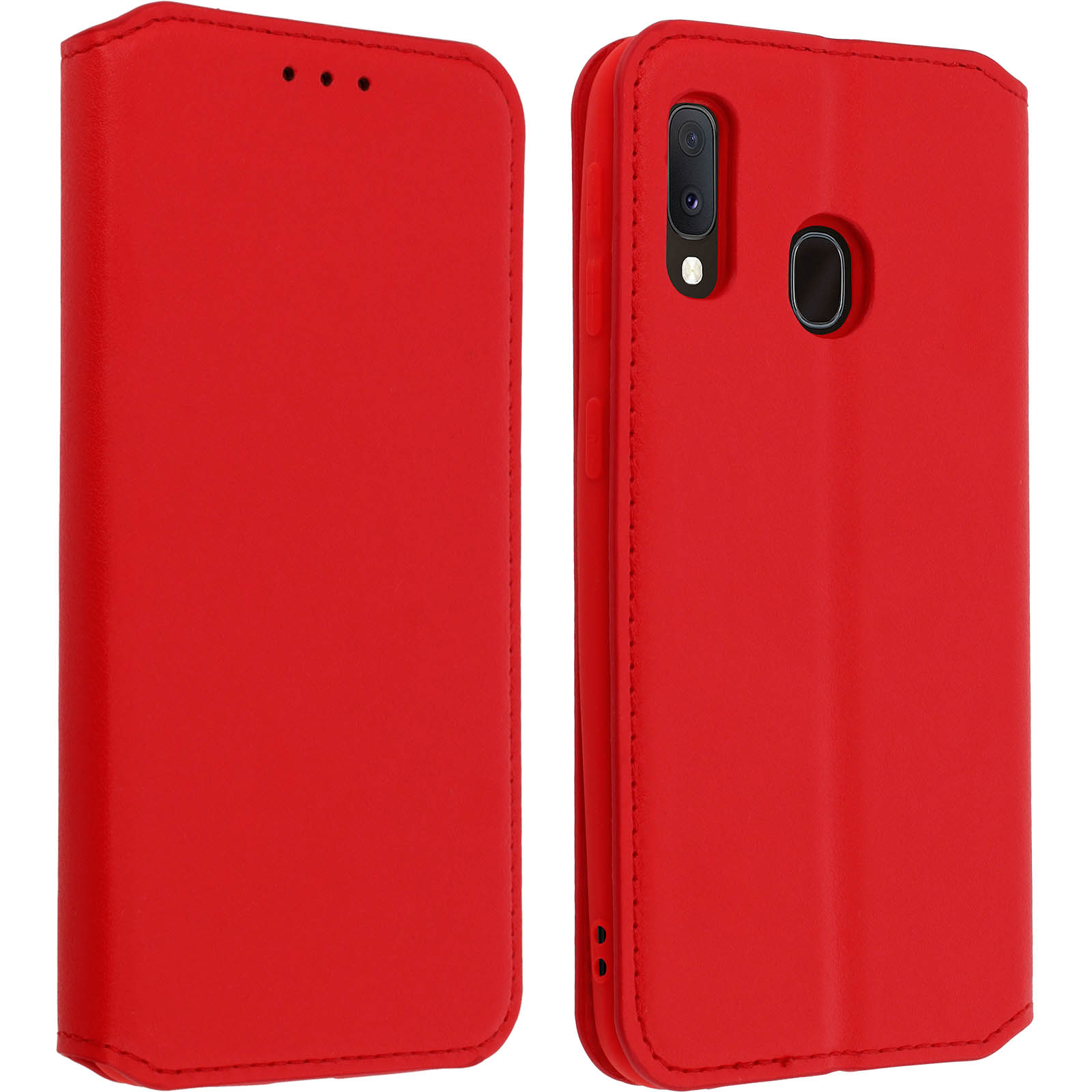 Rode leren telefoonhoes open en dicht. Telefoon is binnenin zichtbaar.