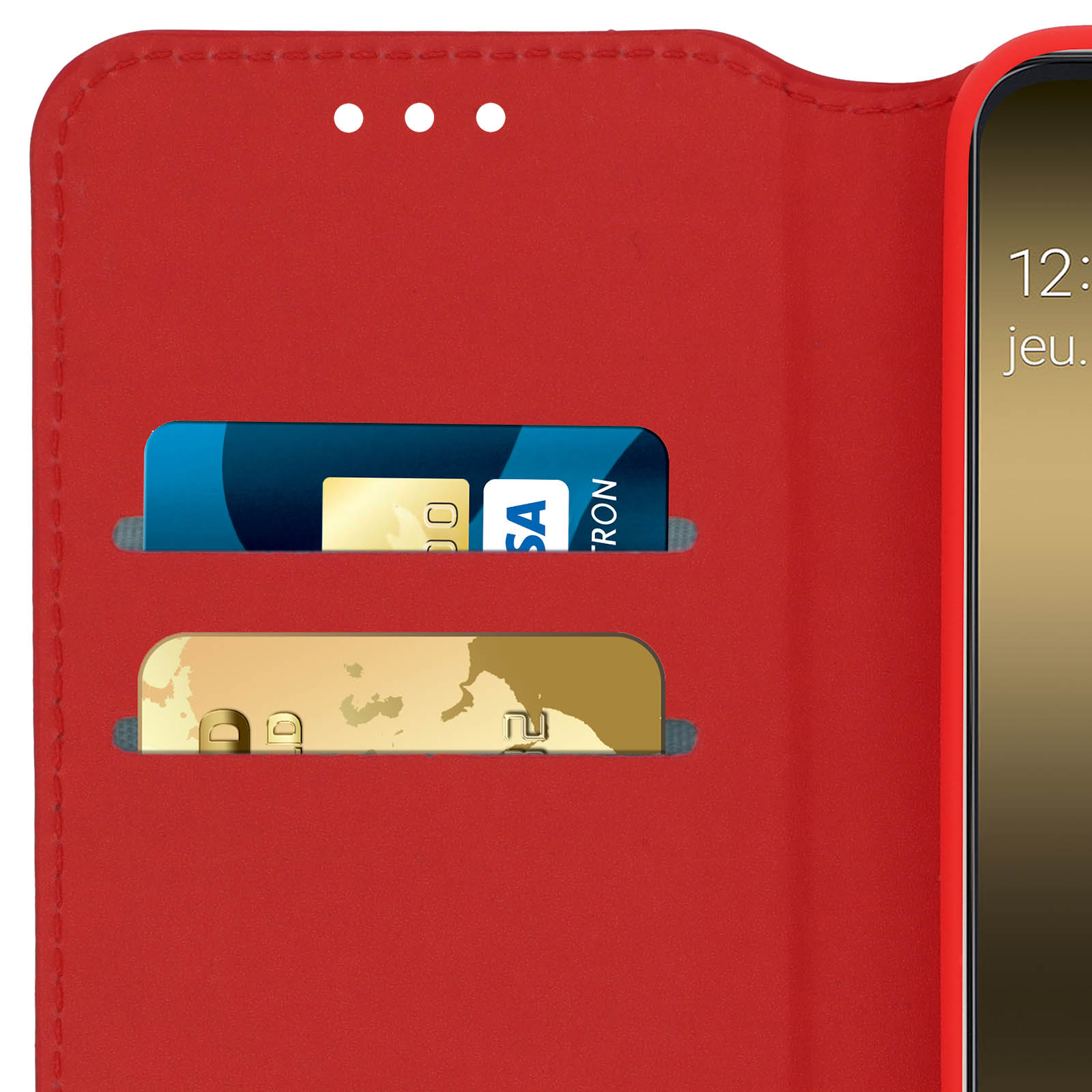 Een rode telefoonhoes geopend. Twee kaartsleuven zijn zichtbaar, met een kaart in elk.