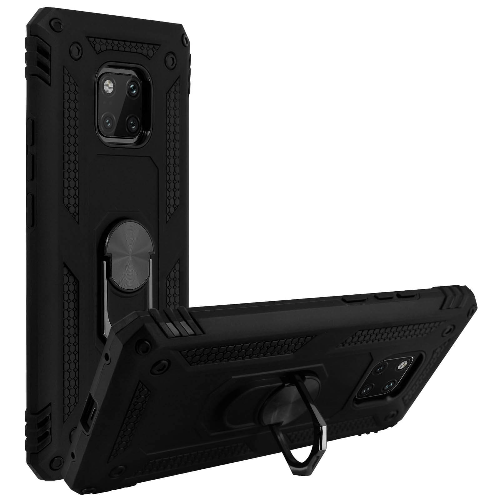 Zwarte robuuste telefoonhoes met een ringhouder, op een witte achtergrond.