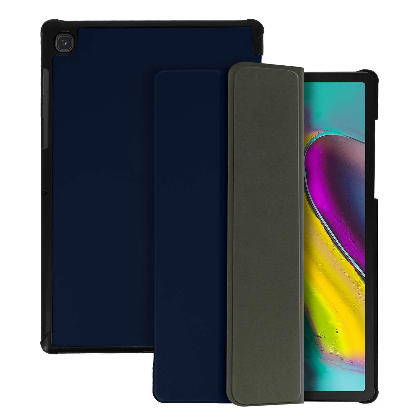 Tablet e tre custodie: blu navy, blu scuro e verde oliva, cornice nera. Il tablet è a destra.