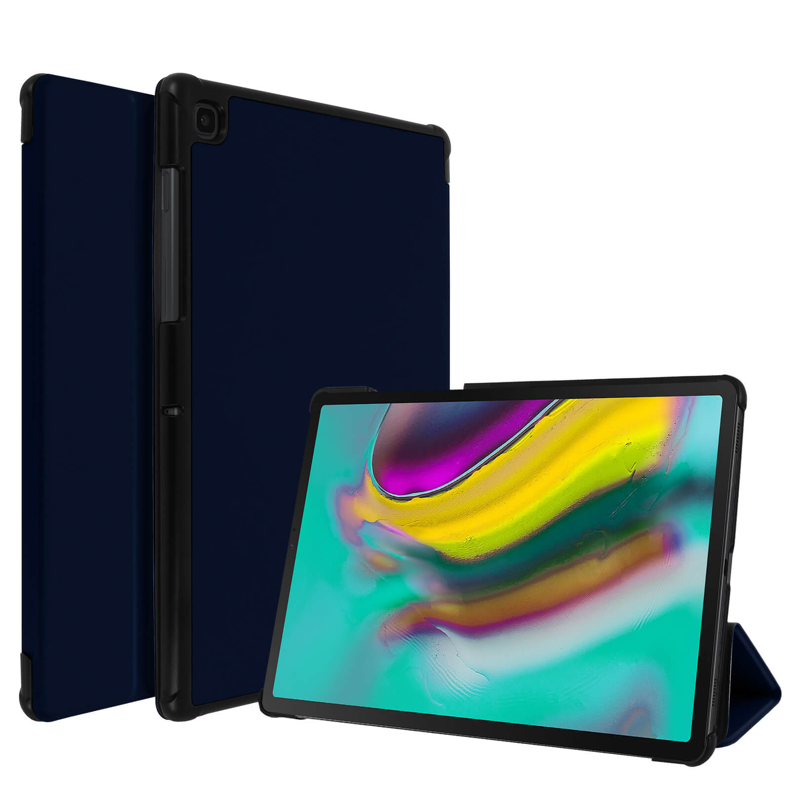 Un tablet blu scuro in una custodia, con la custodia aperta. Sfondo bianco.