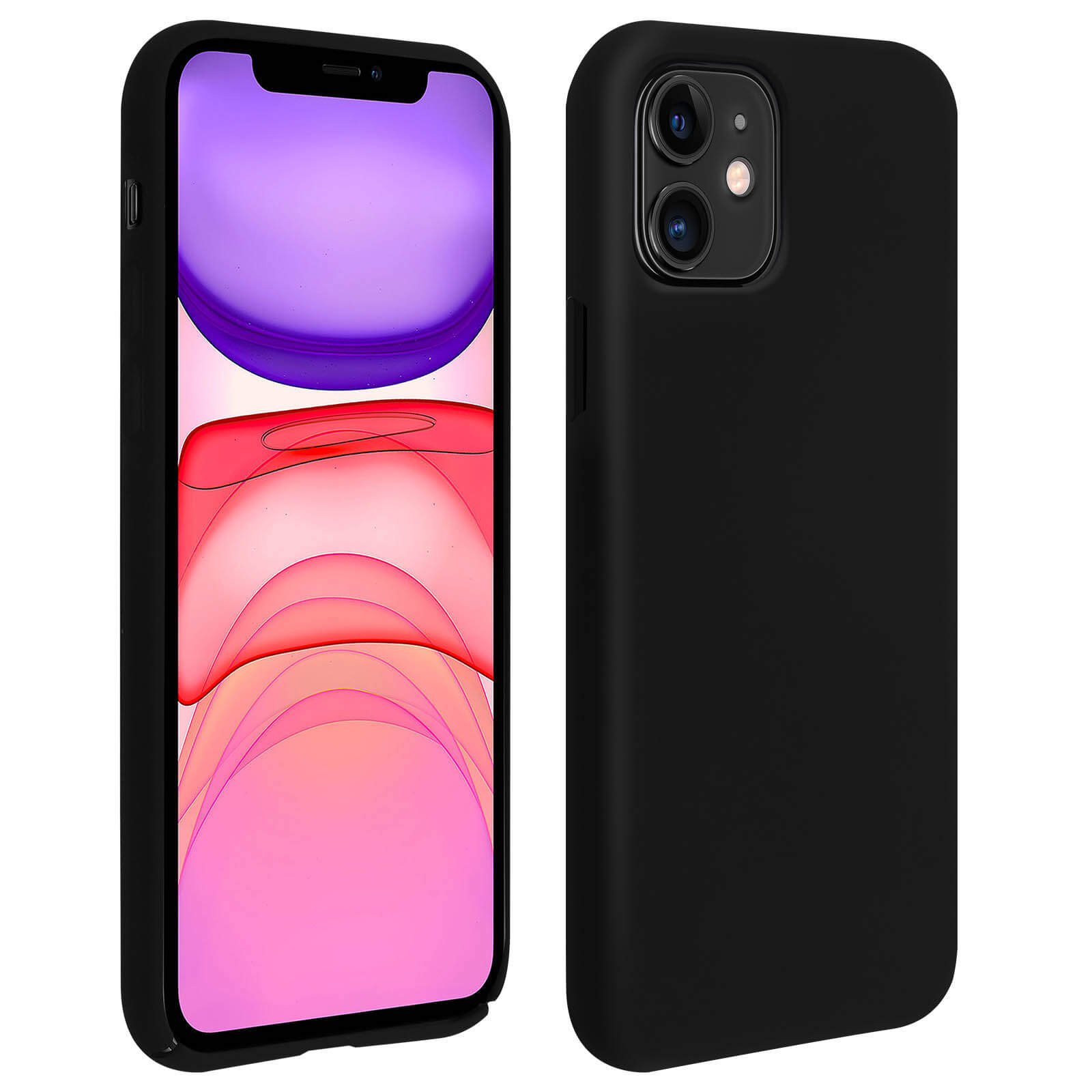 Zwarte telefoon en hoesje. Telefoon links. Hoesje rechts. Paarse achtergrond.