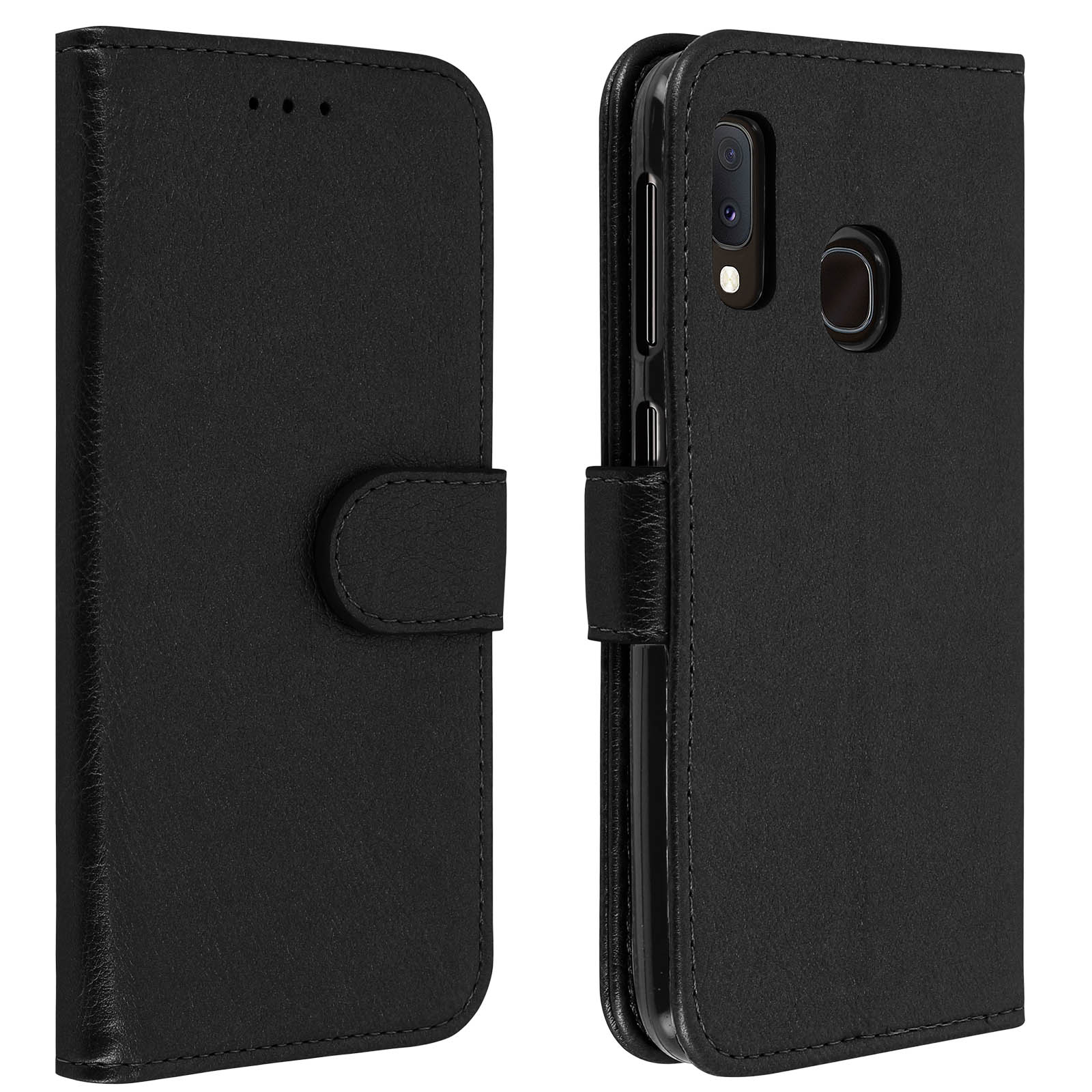 Étui de téléphone noir ouvert. Le téléphone est noir et a une caméra. L'étui a un fermoir.