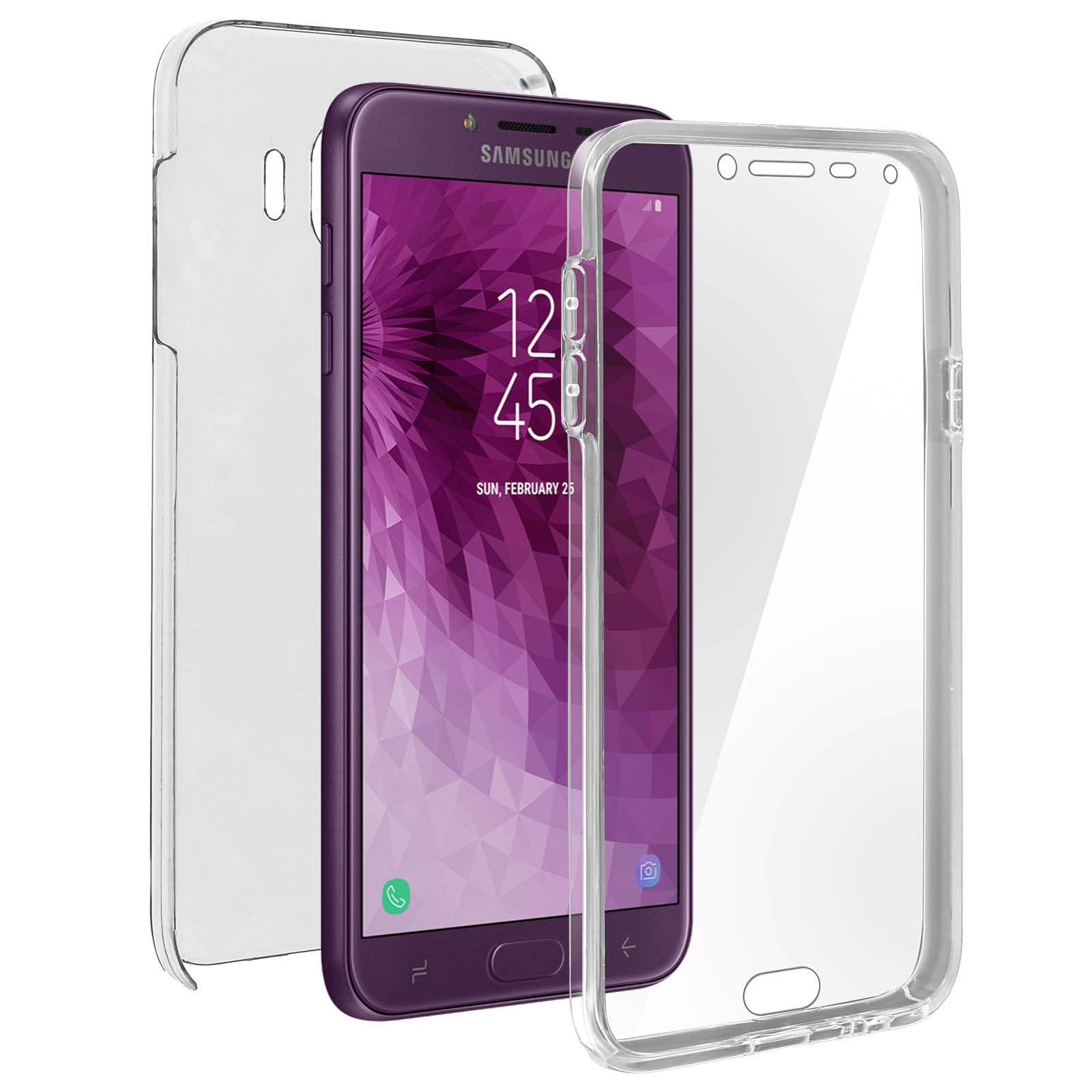 Un telefono viola in una custodia trasparente. Due custodie trasparenti sono accanto.