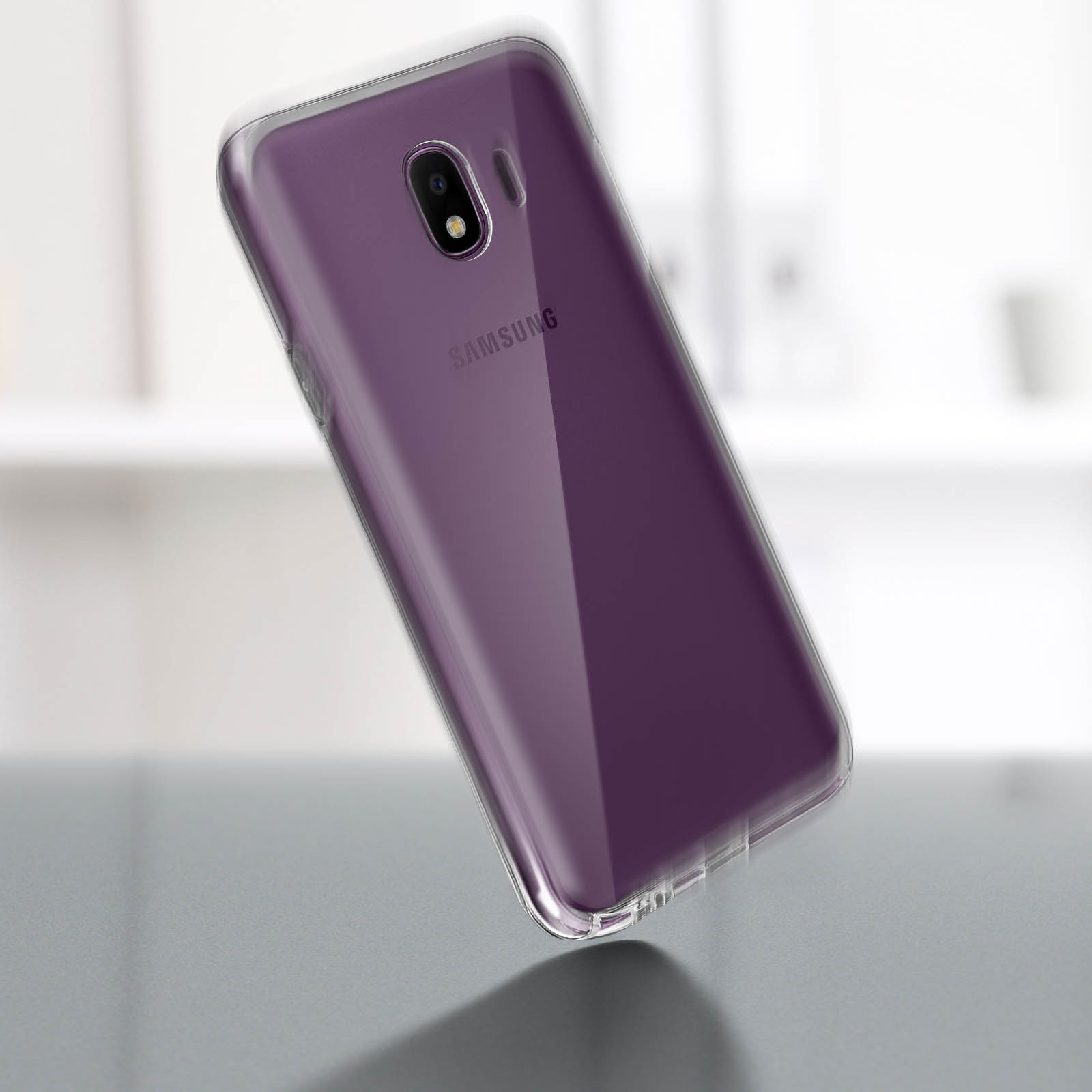 Custodia trasparente per telefono viola. La custodia è trasparente, il telefono è viola.