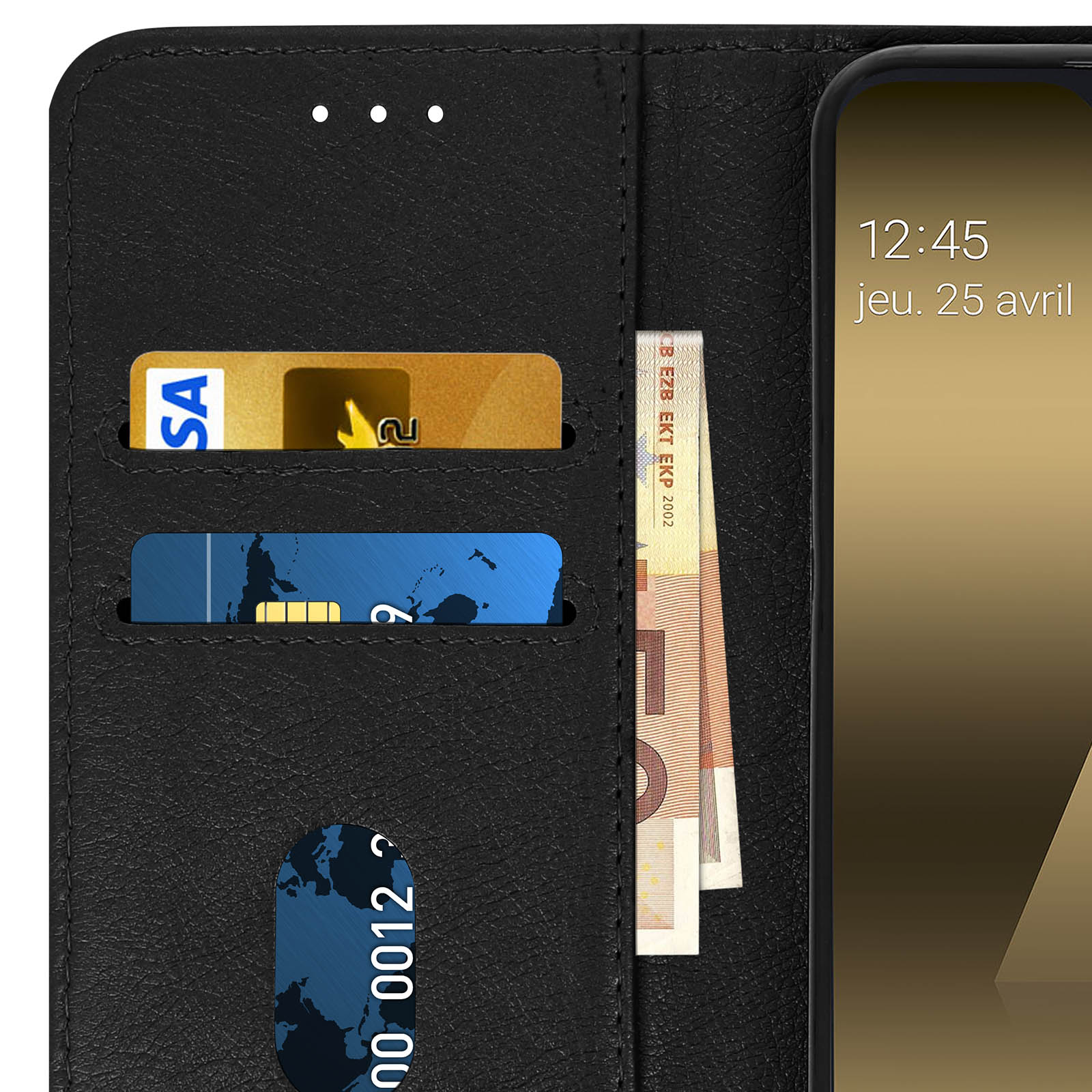 Coque de téléphone noire ouverte, affichant cartes de crédit et billets d'euros à l'intérieur.