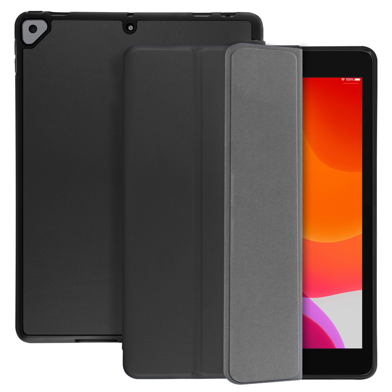 Tablet e custodia. Tablet nero con una cover nera e una cover grigia piegata.