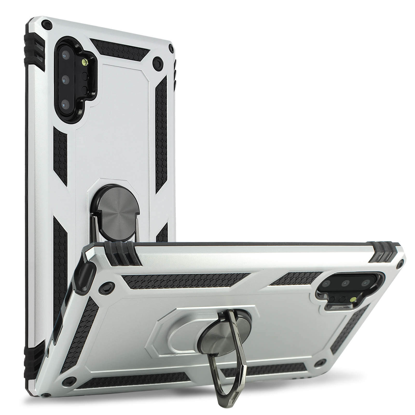 Deux coques de téléphone argentées avec un support de bague. Une debout, l'autre couchée.