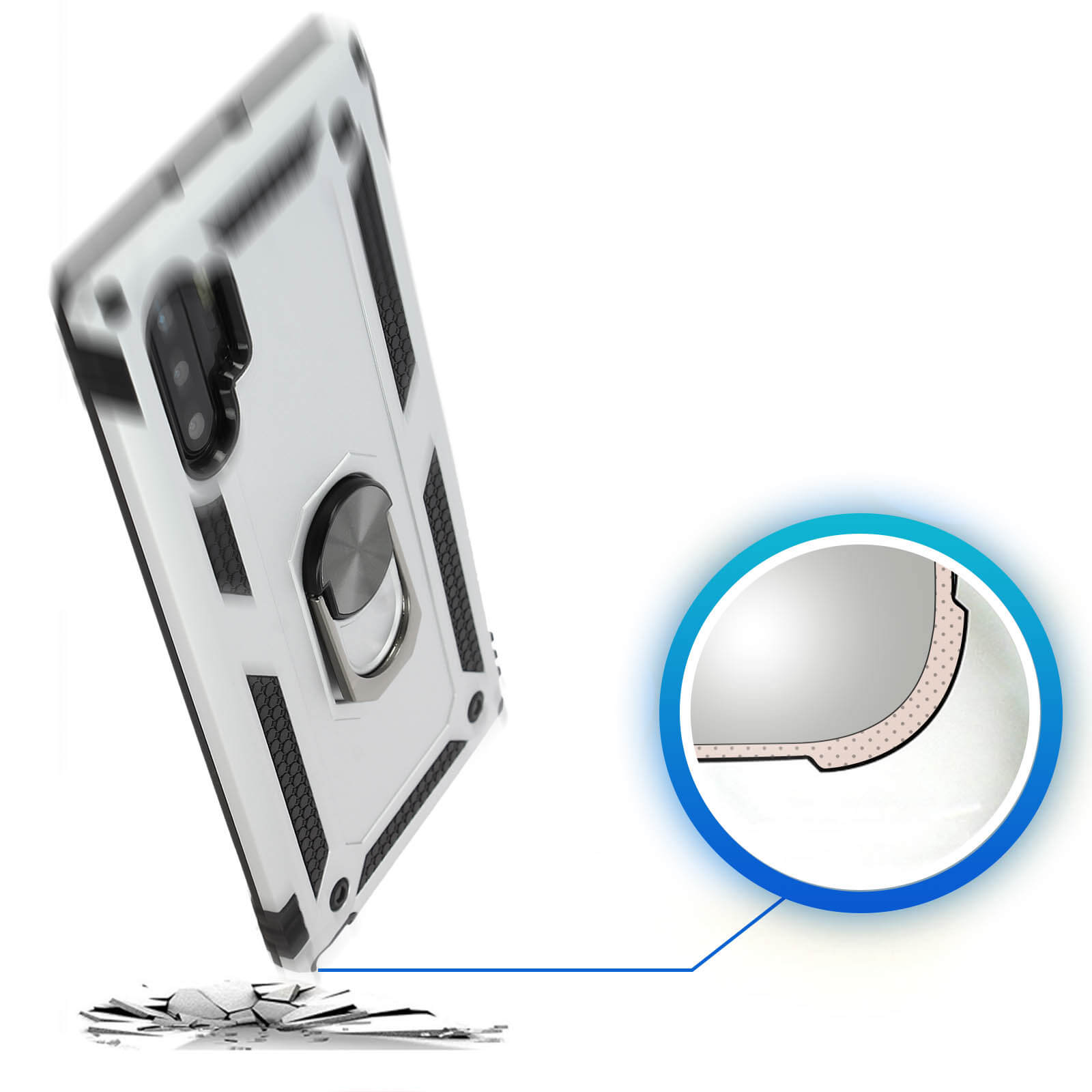 Un étui de téléphone se brise après une chute. Une coupe transversale agrandie est affichée.