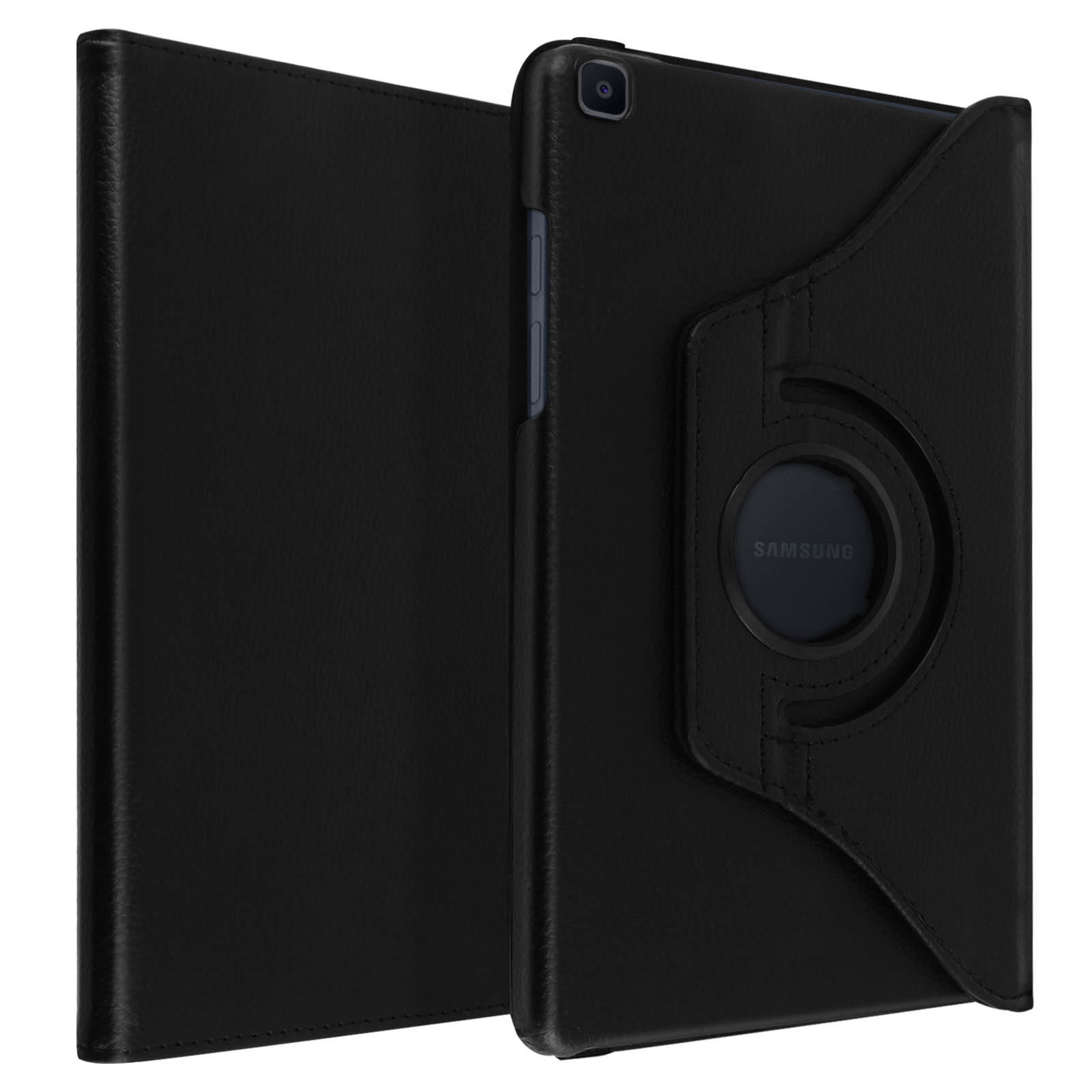 Custodia per tablet in pelle nera, aperta e chiusa. La custodia ha un supporto girevole.
