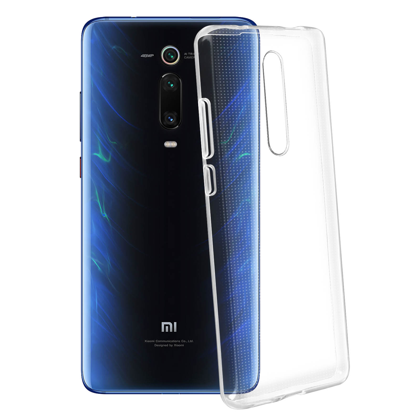 Une coque transparente sur un téléphone au dos bleu. Le téléphone a une zone caméra noire.
