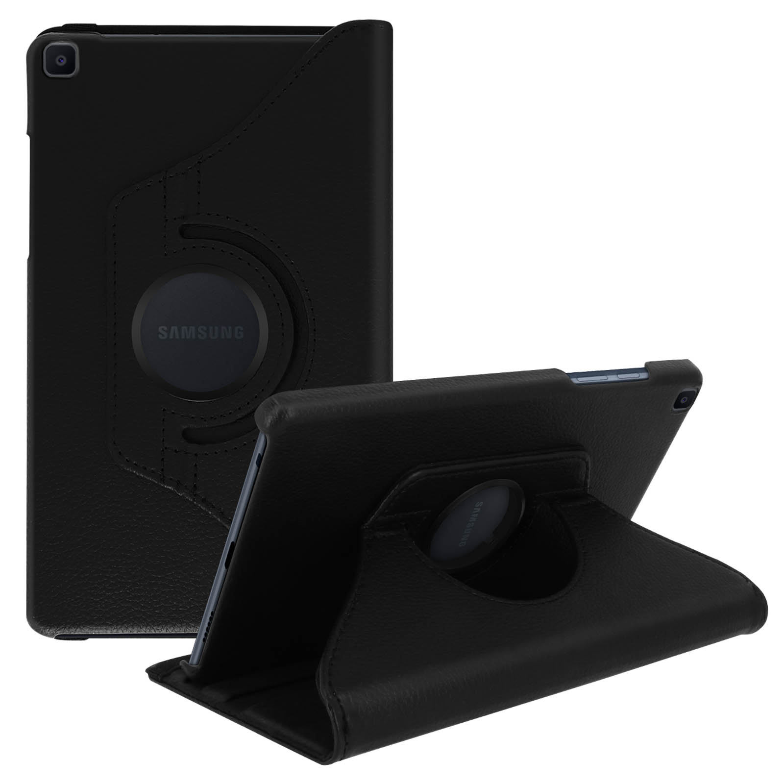 Una custodia nera per tablet, in due posizioni. Uno mostra il retro, l'altro lo schermo.