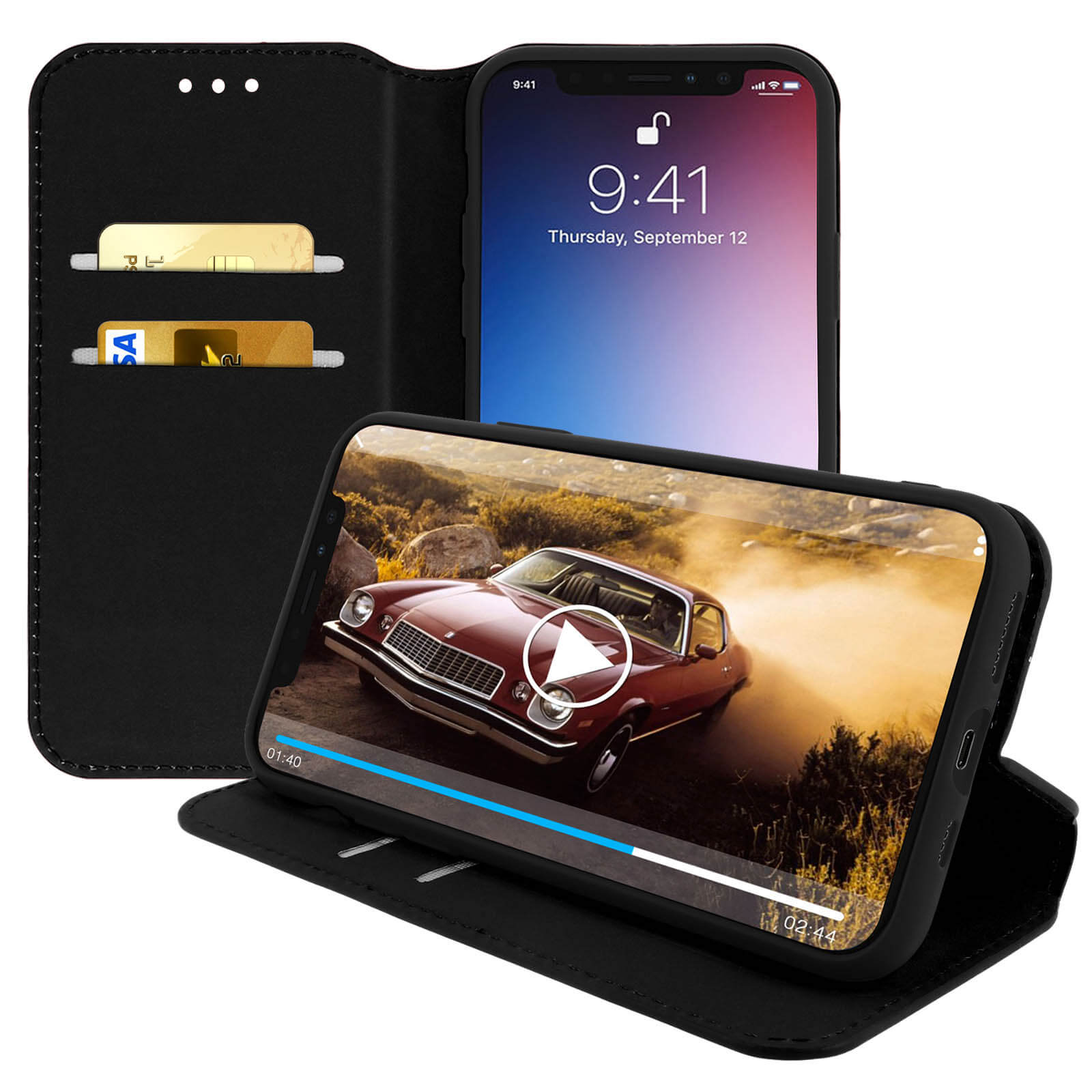 Téléphone affichant une vidéo. Dans une coque noire, sur table. Cartes visibles.