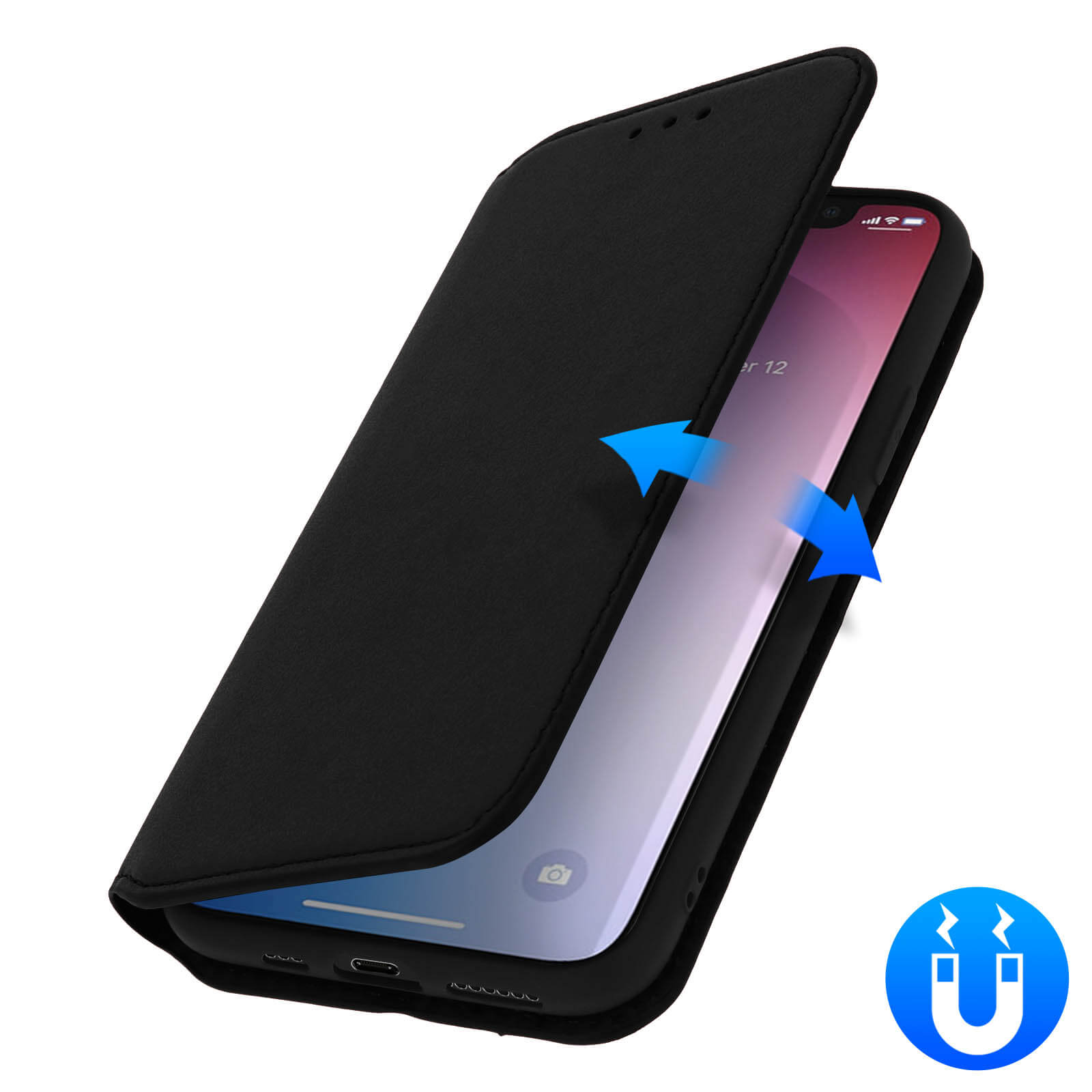 Étui de téléphone noir, ouvert, avec téléphone à l'intérieur. Des flèches bleues pointent vers le téléphone et un symbole d'aimant.