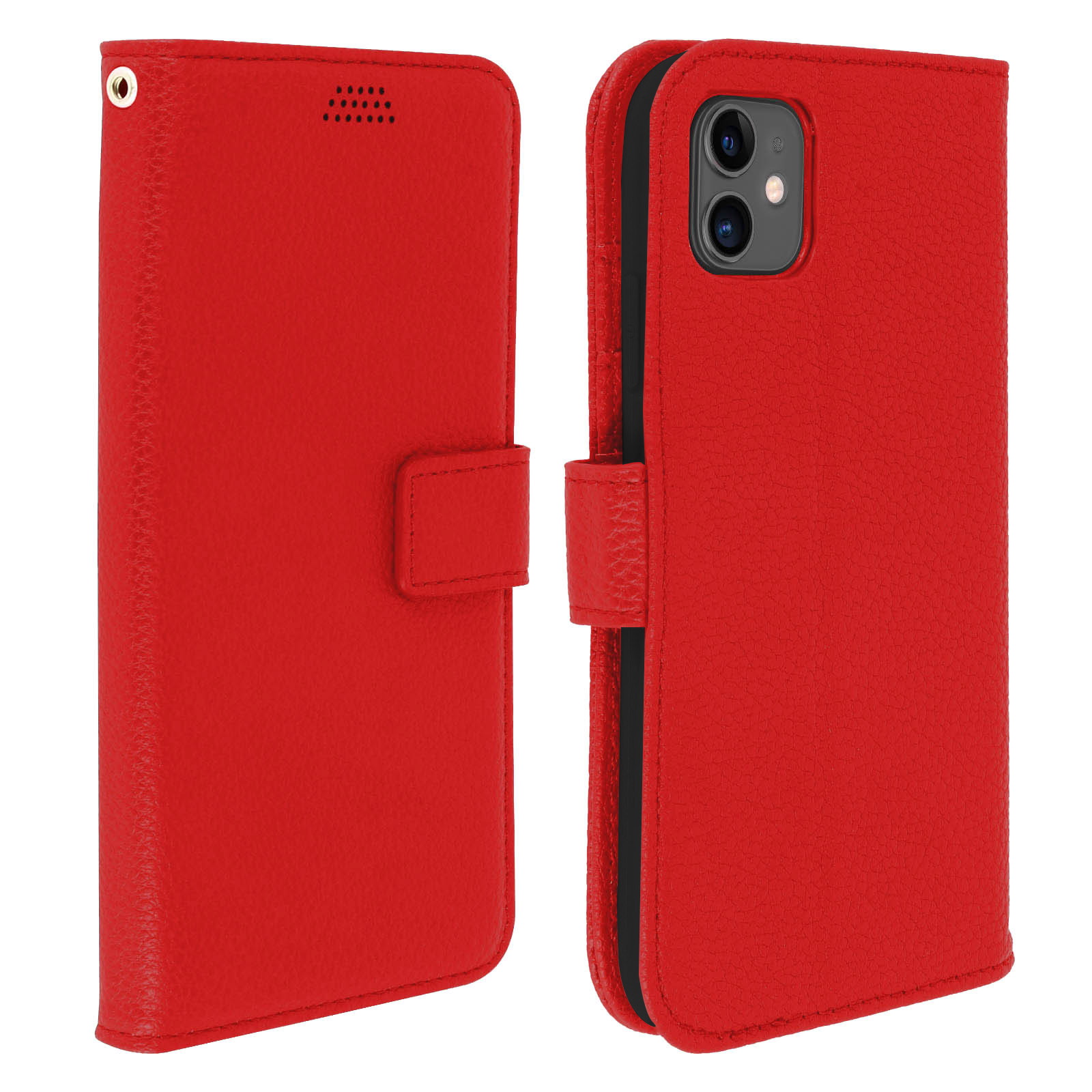 Custodia per telefono in pelle rossa, aperta per rivelare il telefono. Ha una chiusura magnetica.
