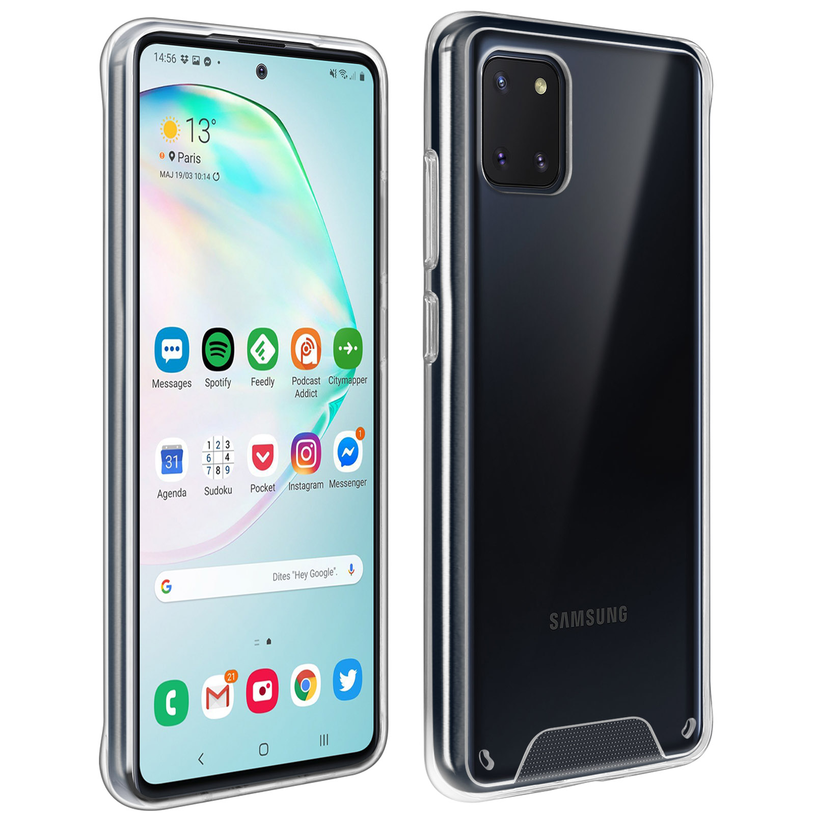 Telefono in una custodia trasparente. Lo schermo mostra le app e l'ora.