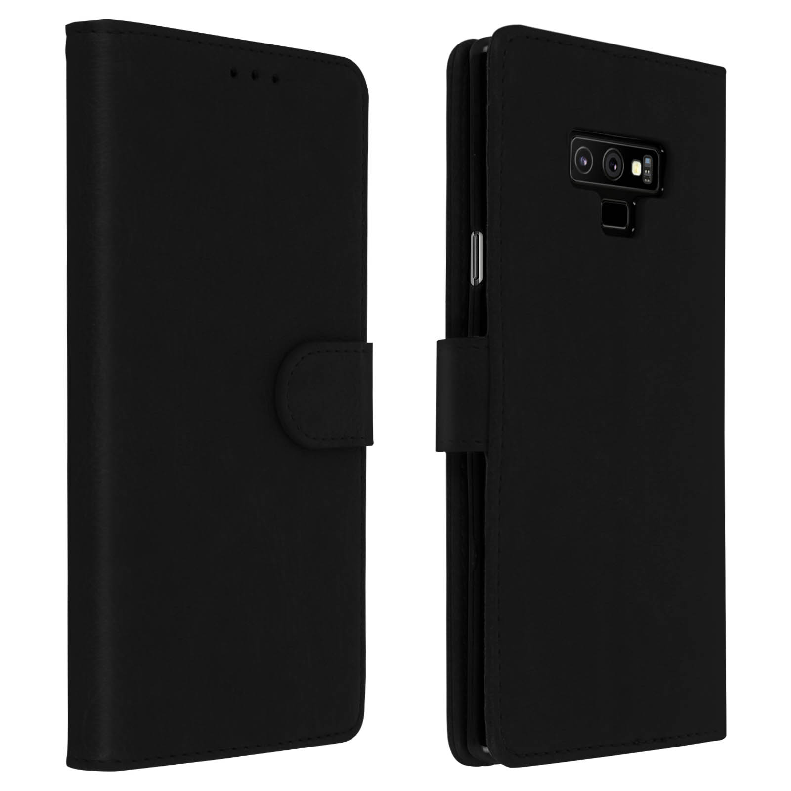 Étui de téléphone en cuir noir, ouvert à droite, fermé à gauche, avec fermeture à bouton.