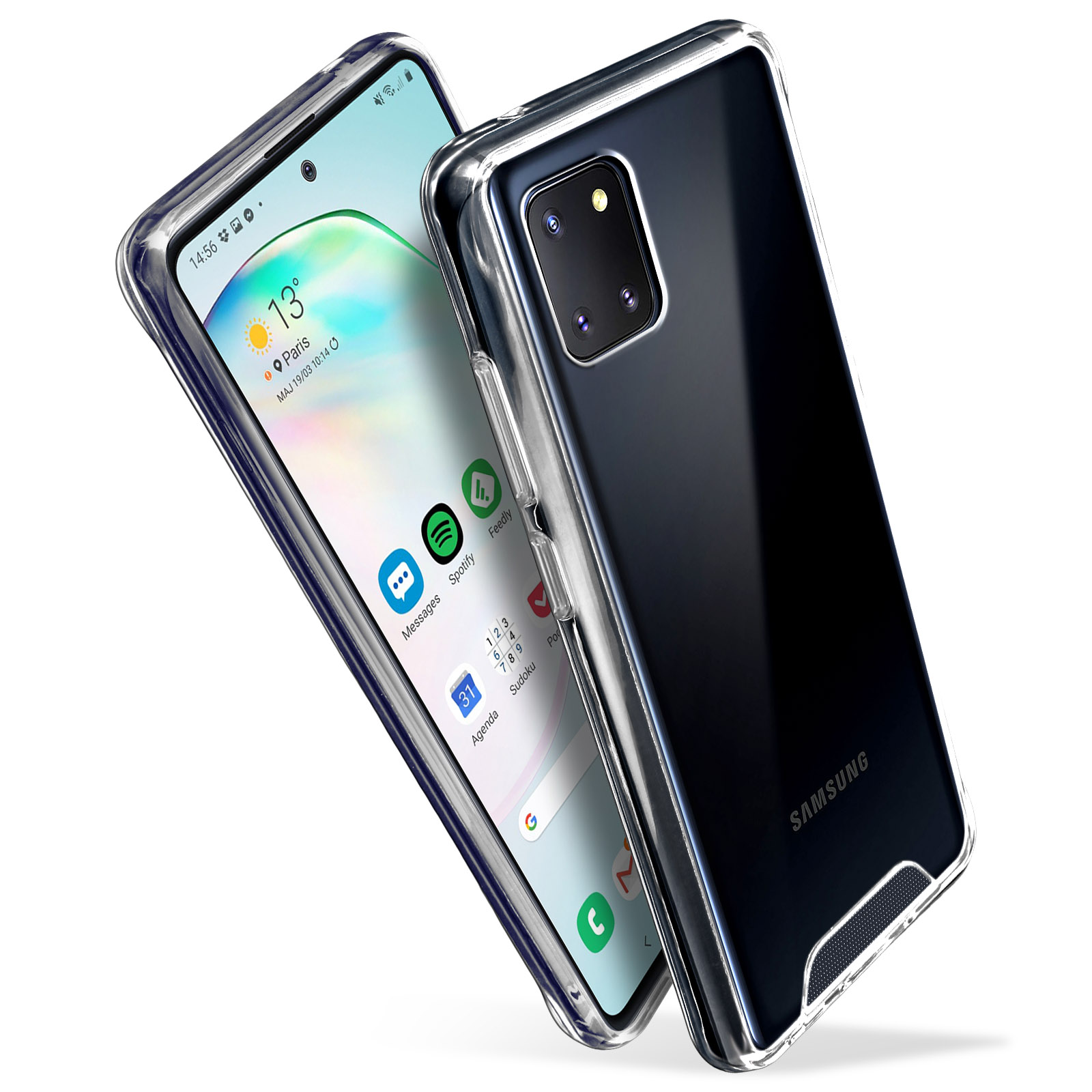 Due telefoni in custodie trasparenti, uno con icone, l'altro con retro nero e logo Samsung.