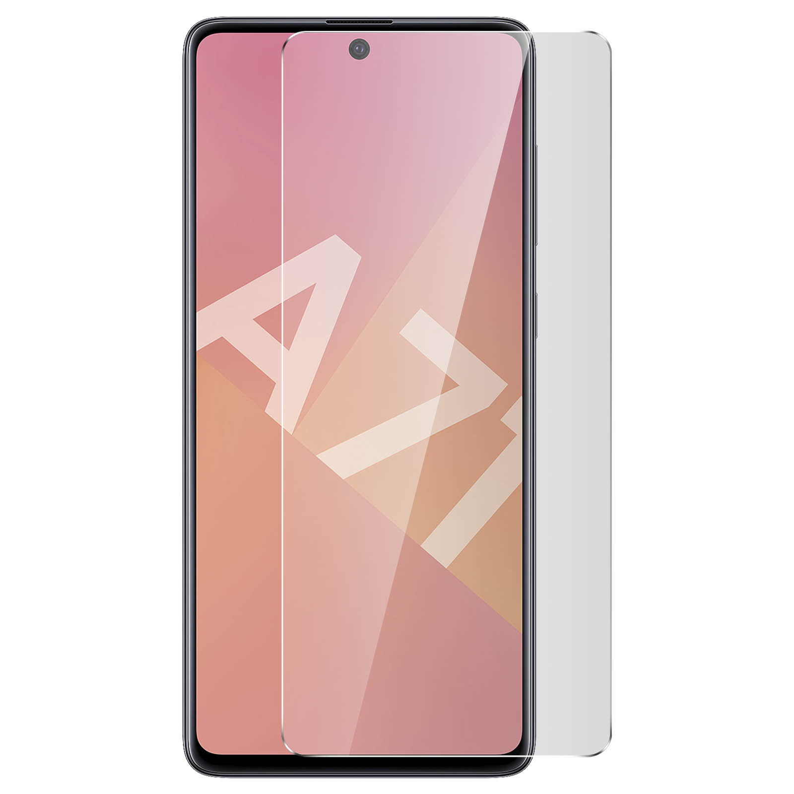 Un proteggi schermo e un telefono. Sfondo rosa.
