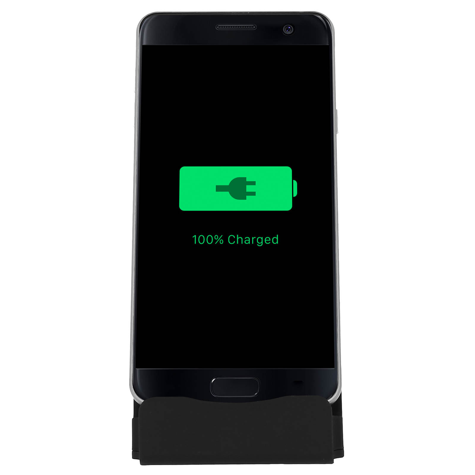 Telefono nero su un supporto con un'icona di carica verde e testo '100% Carica' sullo schermo.