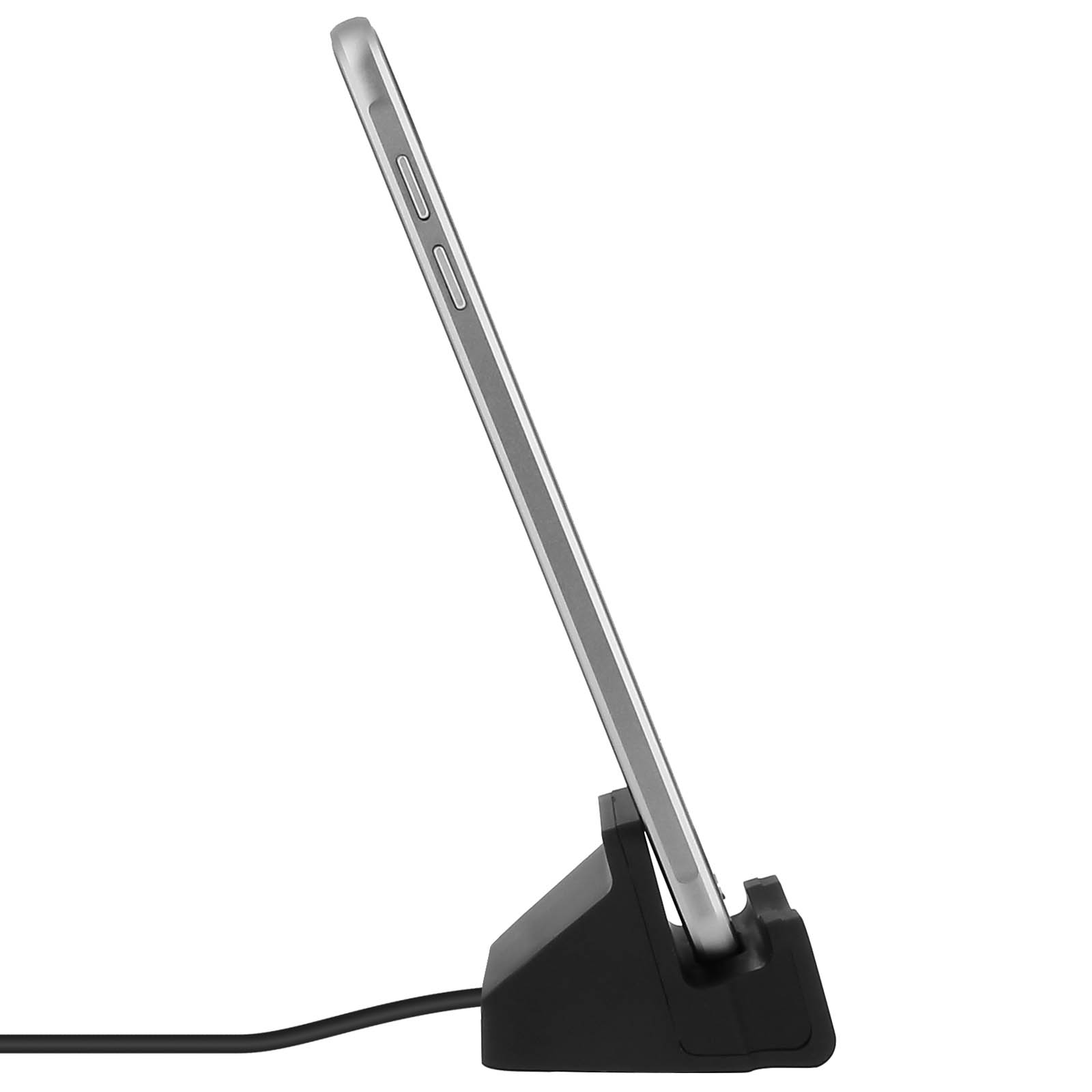 Telefono su un supporto nero, con un cavo collegato. Lo sfondo è bianco.