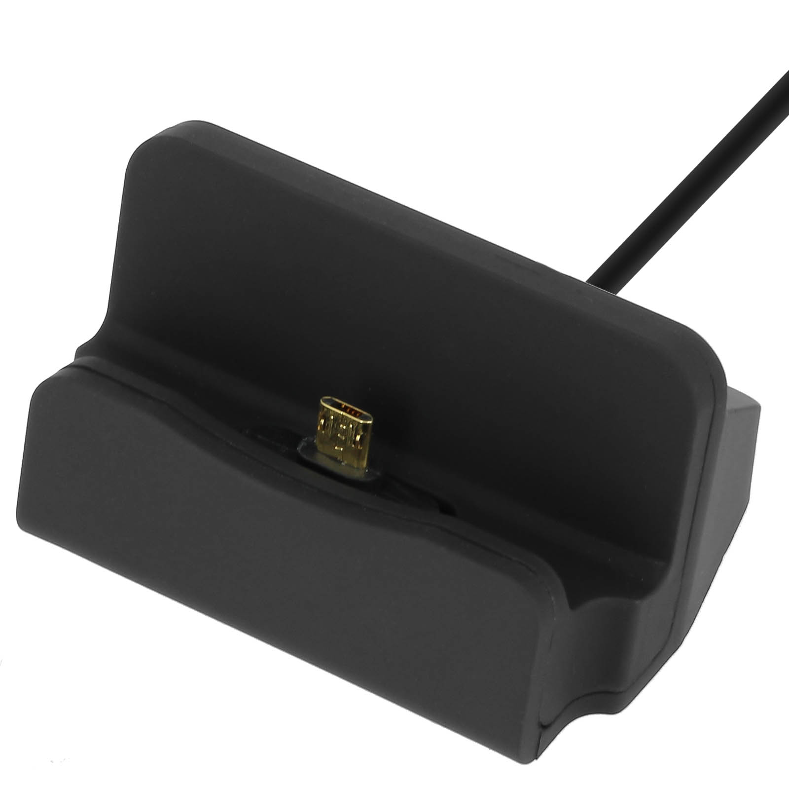 Base di ricarica nera con porta micro USB. Cavo nero che si estende verso destra.
