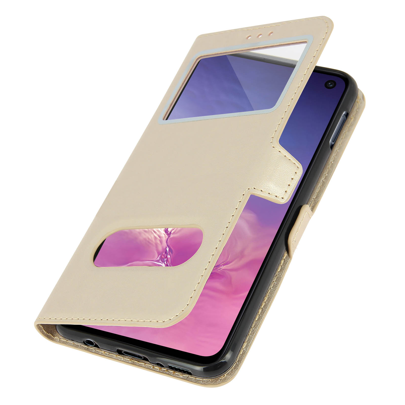 Custodia per telefono beige con un telefono che mostra lo schermo. Custodia aperta, telefono angolato.