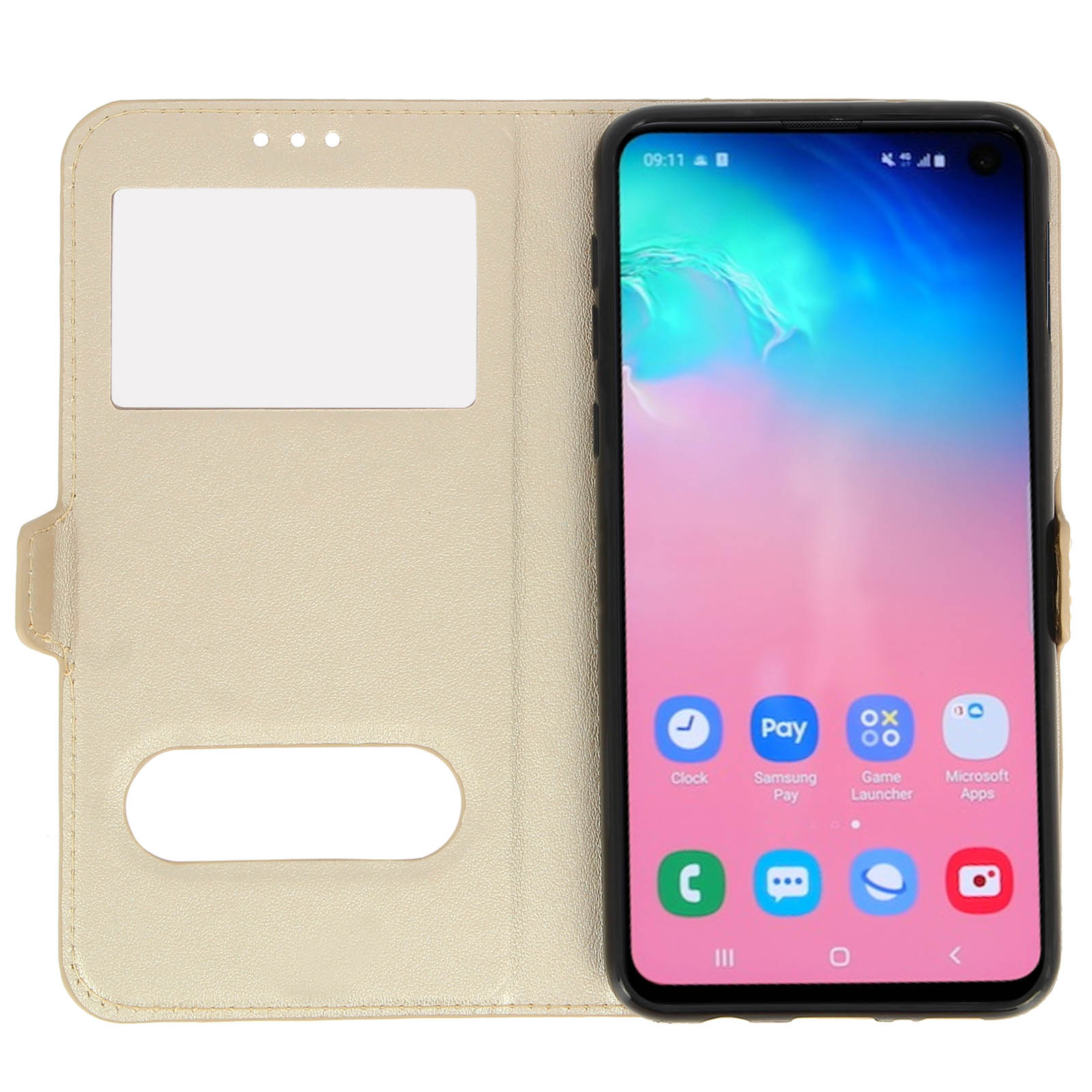 Smartphone in una custodia a portafoglio dorata, aperta per rivelare lo schermo e uno slot per schede.