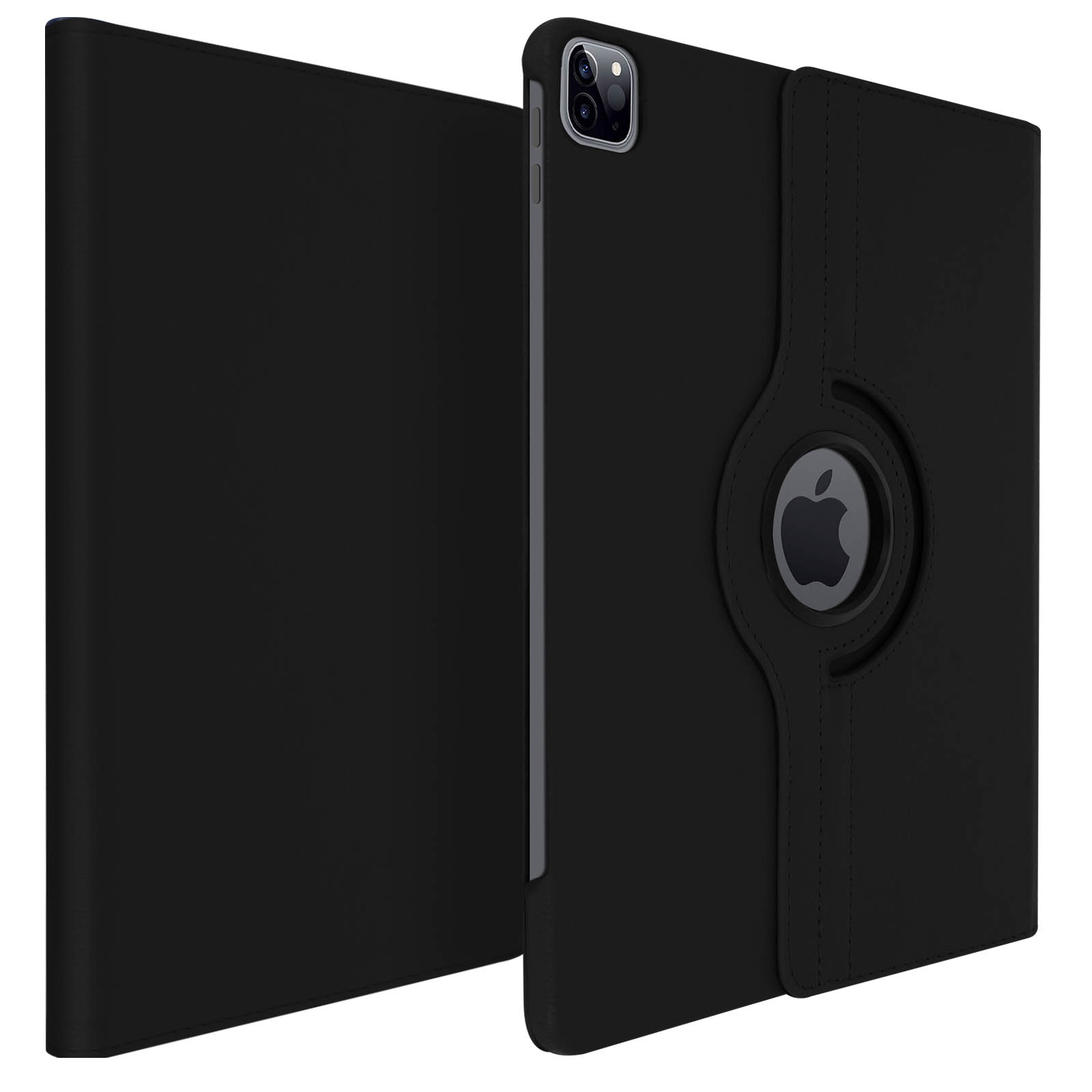 Custodia per iPad nera, aperta, che mostra un iPad, con sfondo nero.