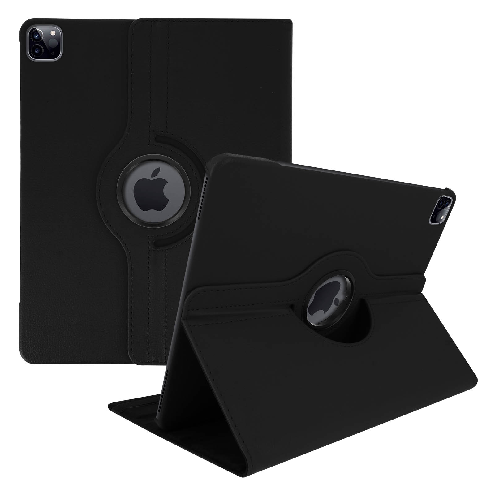Sono mostrate due custodie iPad nere. Una è chiusa, l'altra è aperta e appoggiata, entrambe con loghi Apple.