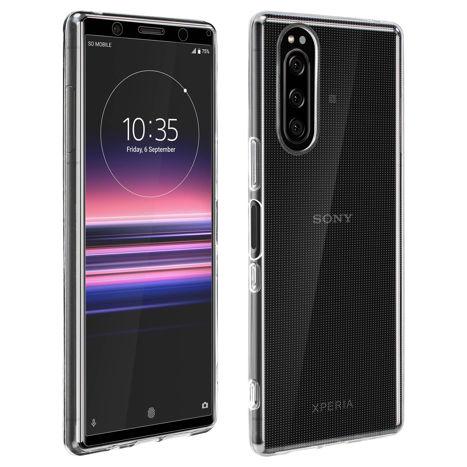 Deux téléphones, un avec écran affichant l'heure et l'interface, l'autre avec motif pointillé.