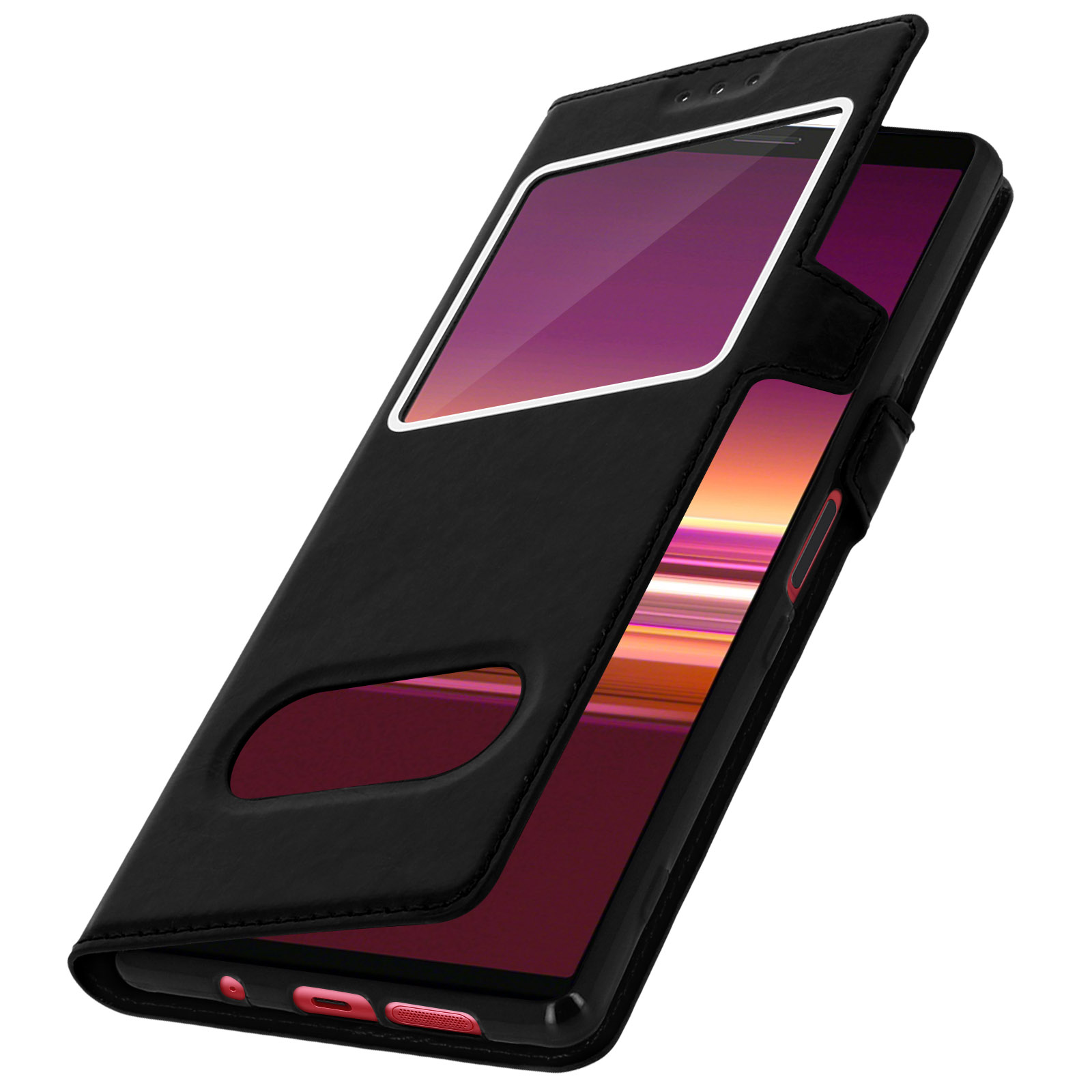 Custodia nera per telefono con finestra di visualizzazione dello schermo. Il telefono è visibile con schermo rosso.