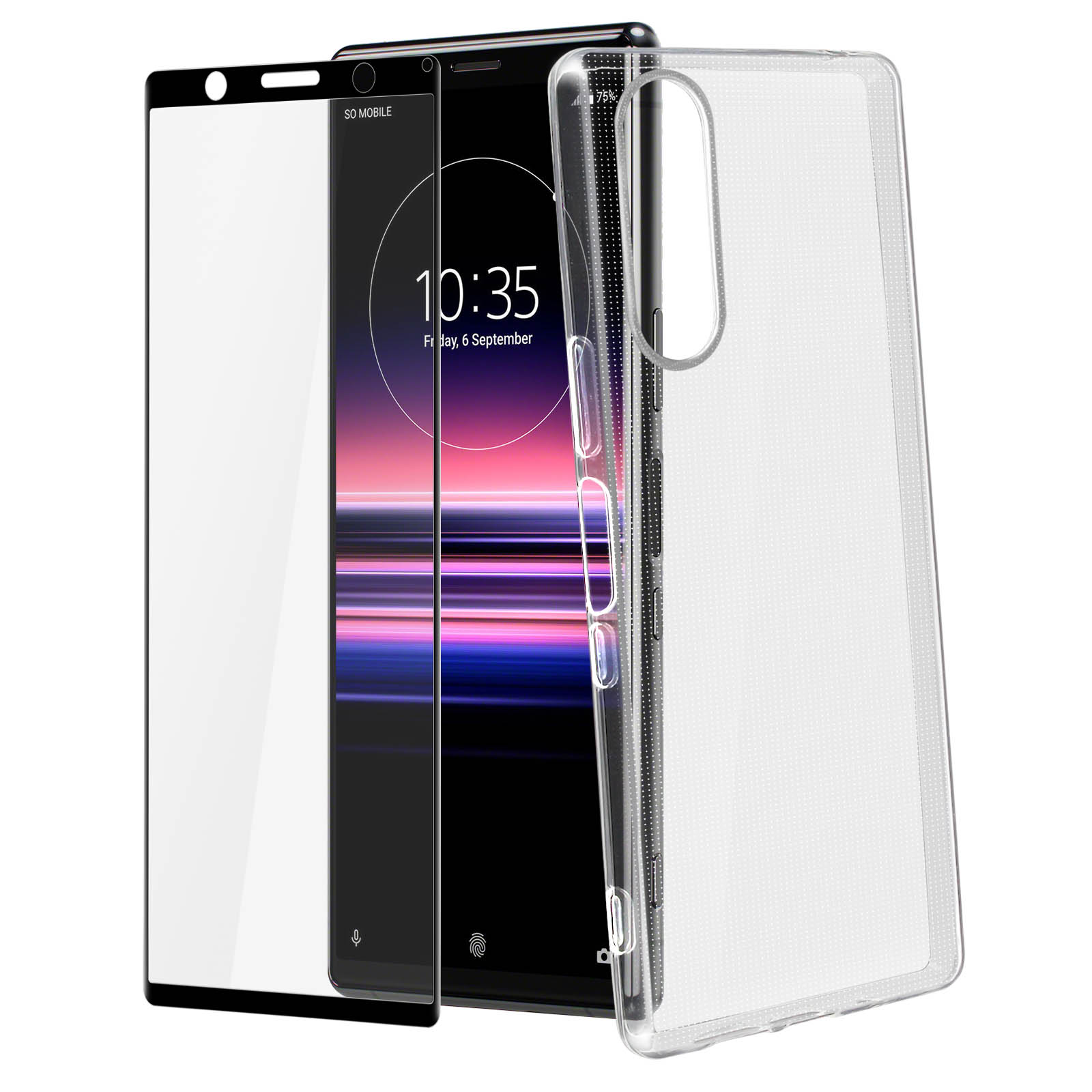 Téléphone et protection d'écran avec une coque transparente. Le téléphone est sur une surface blanche.