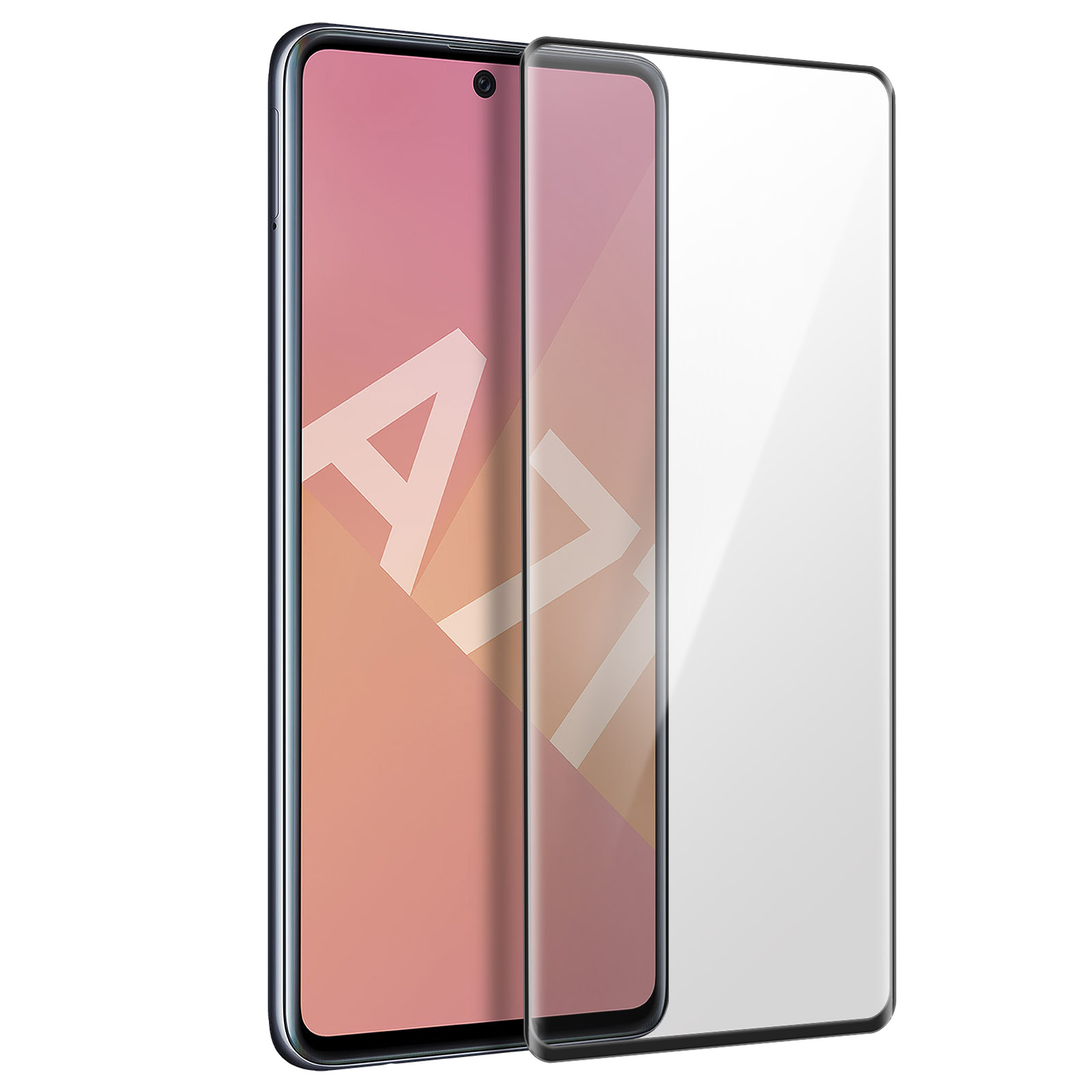 Uno smartphone con protezione schermo. Il telefono ha uno schermo rosato con la lettera A bianca e una fotocamera. La protezione è trasparente.