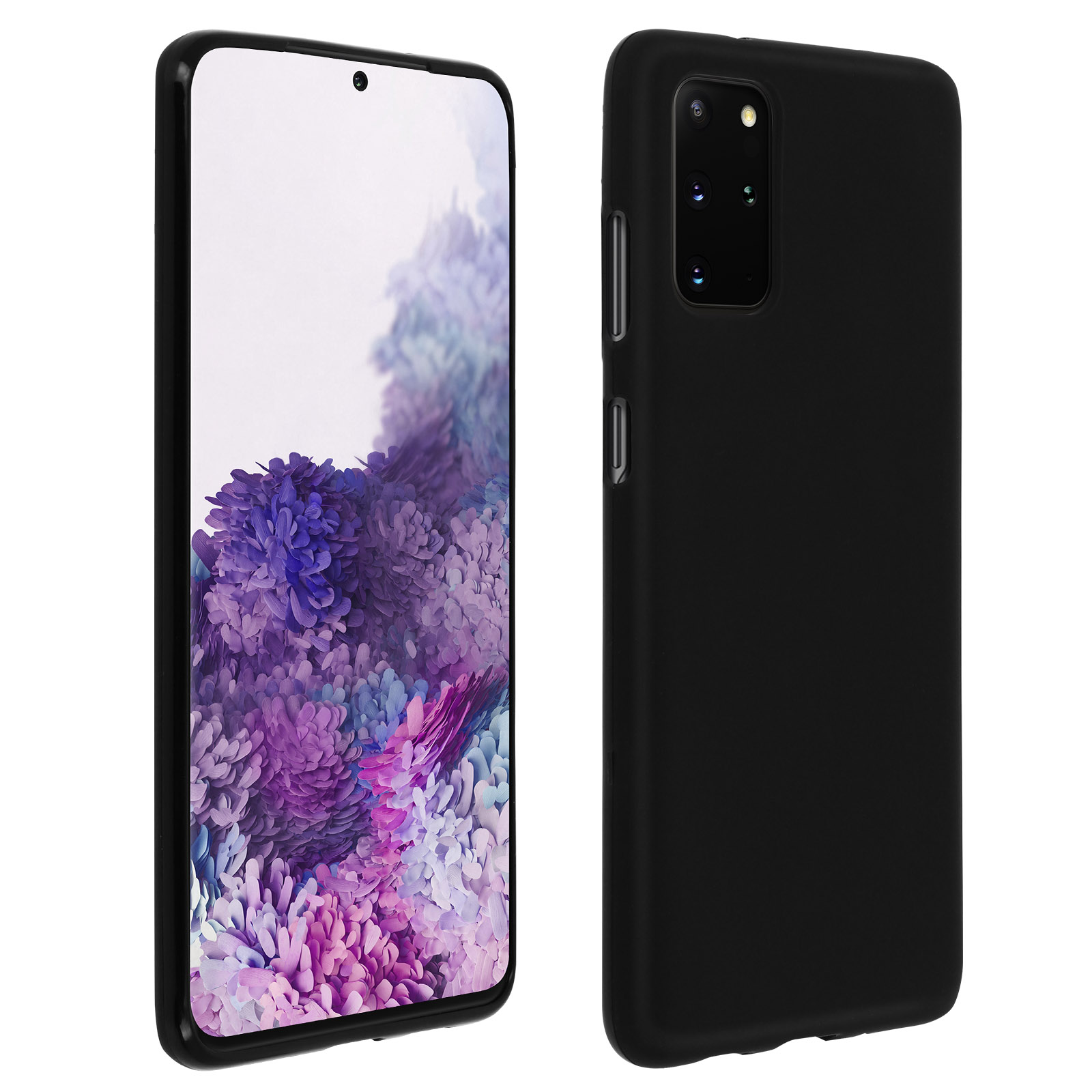 Téléphone et étui noirs. Le téléphone affiche une image abstraite violette et rose. Étui noir à droite.