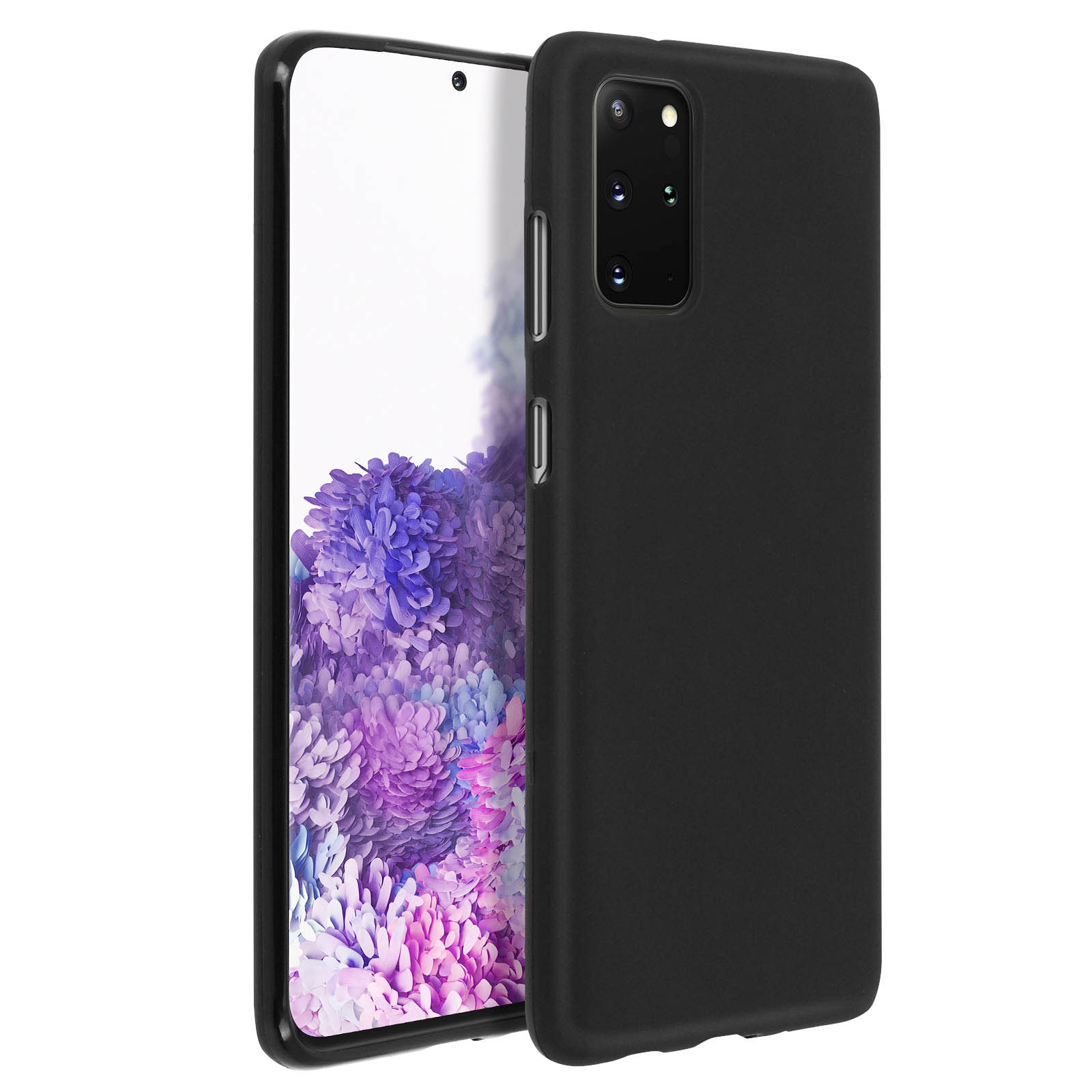 Coque de téléphone noire avec un téléphone à l'intérieur. Le téléphone a un fond violet.