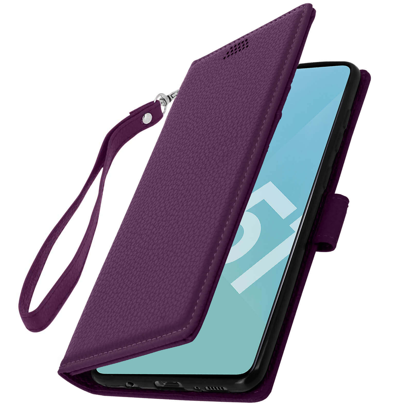 Étui de téléphone violet avec dragonne ouvert, révélant l'écran.