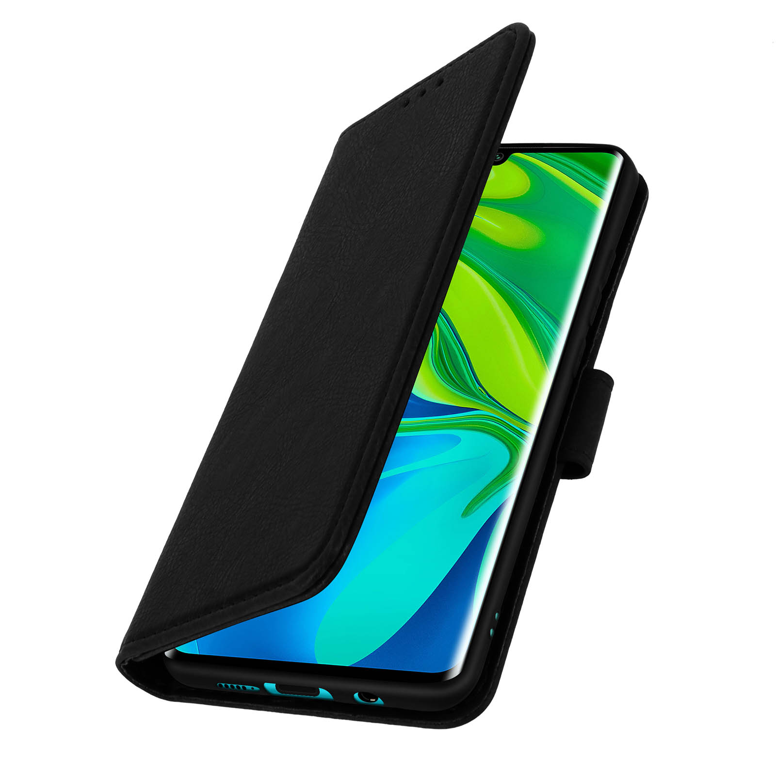 Zwarte telefoon in een zwarte leren hoes, open om het scherm te tonen. Scherm zichtbaar.