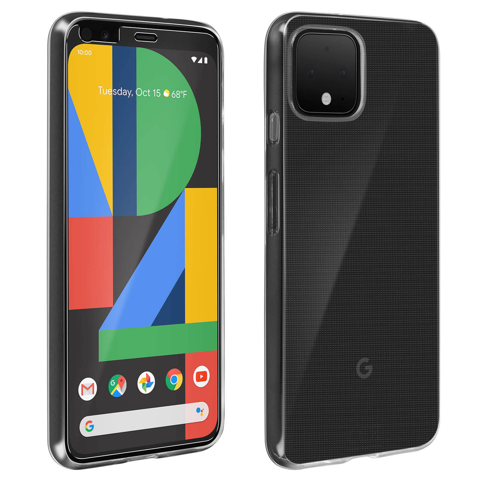 Ein Google-Telefon mit transparenter Hülle, zeigt Bildschirm und Hülle.