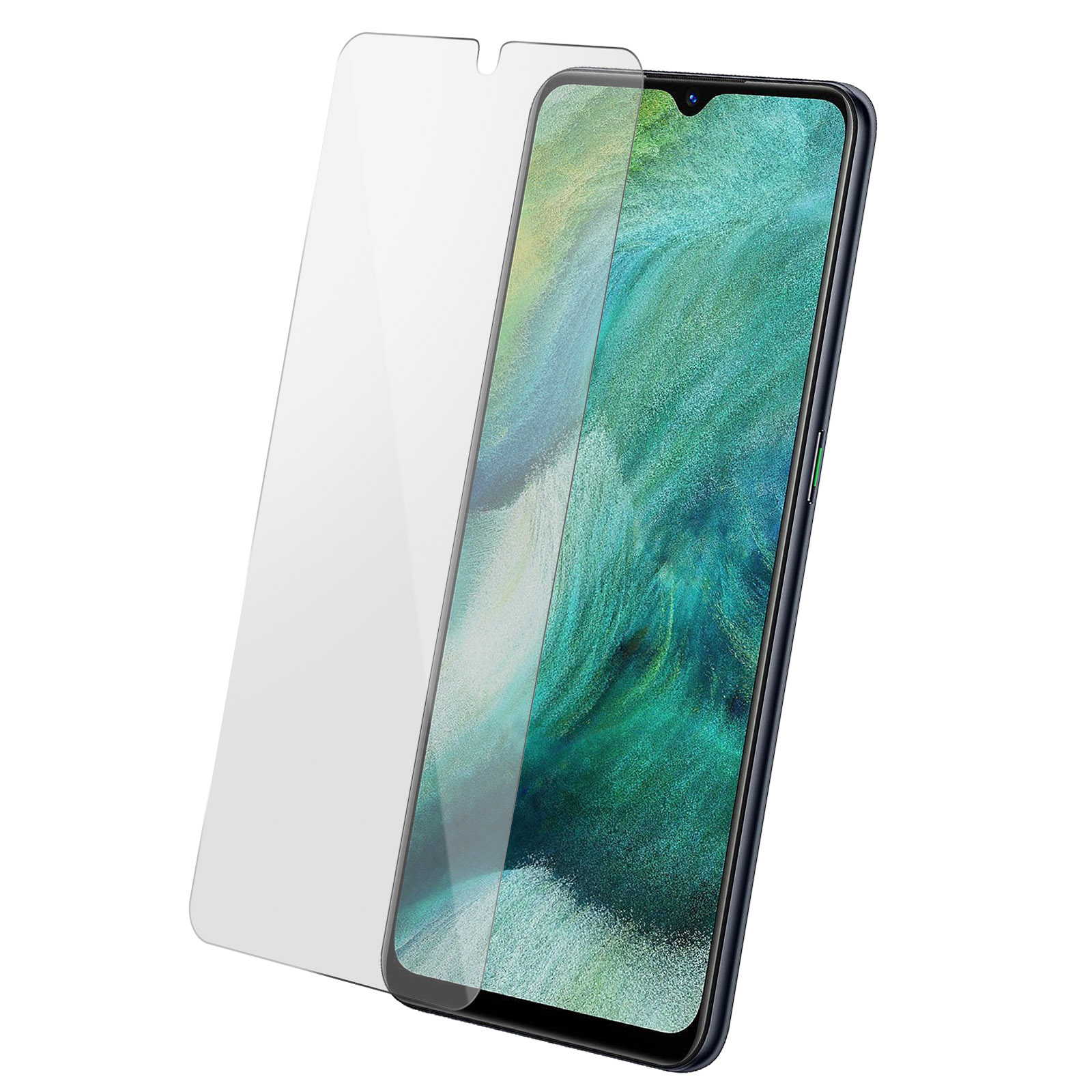 Telefono e protezione schermo. Schermo mostra immagine verde e blu.