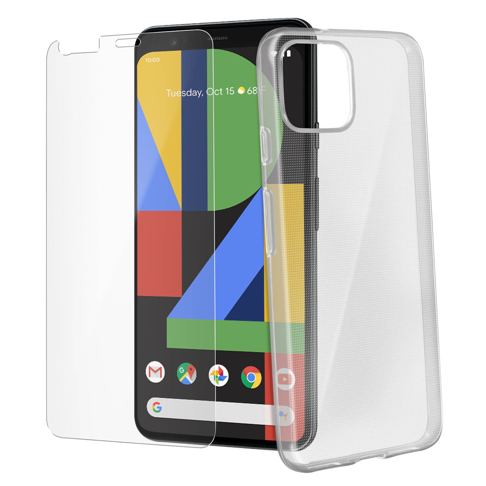 Telefon mit Displayschutz und Hülle. Anzeige zeigt Datum.