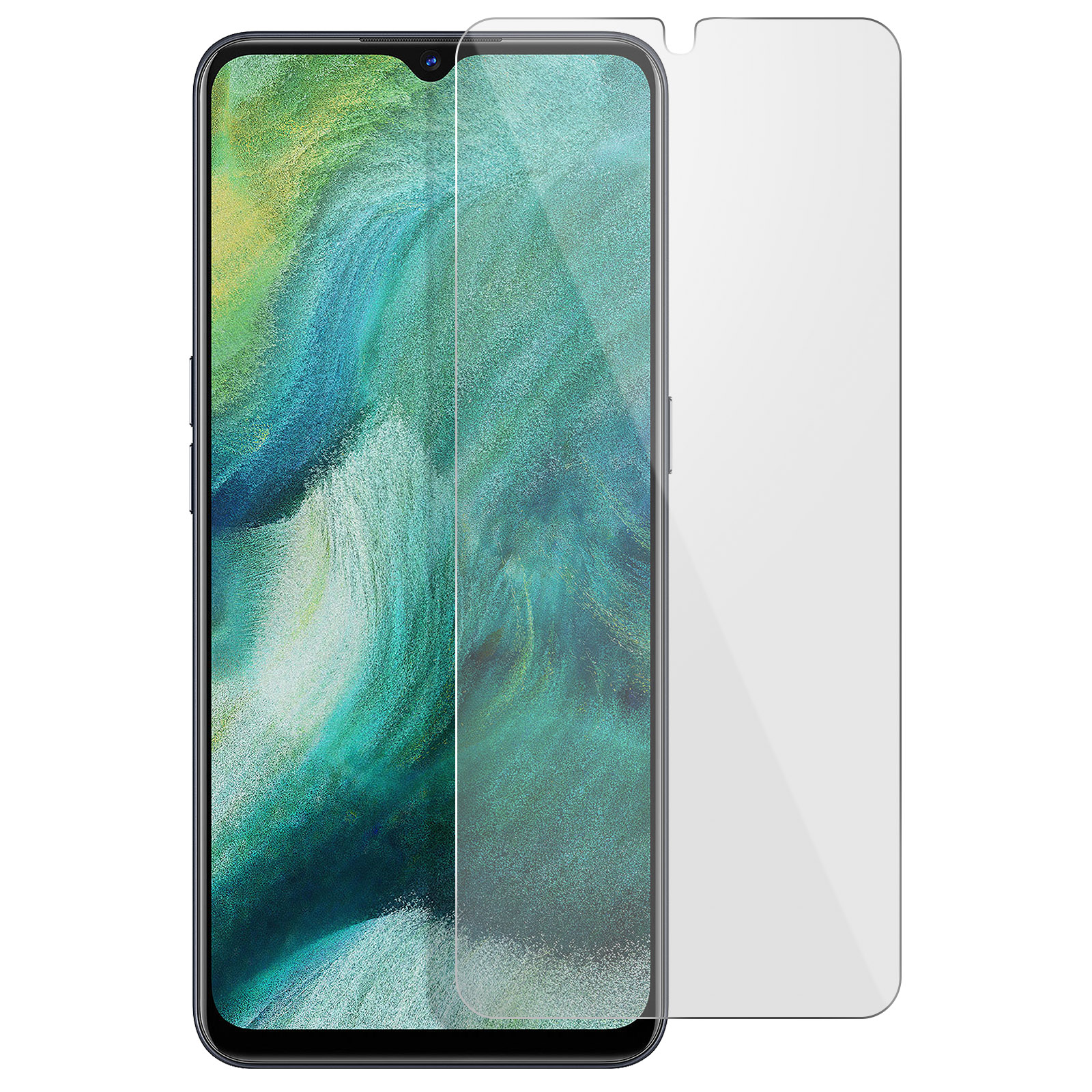Un telefono con una protezione per lo schermo accanto. Lo schermo mostra un'immagine colorata.