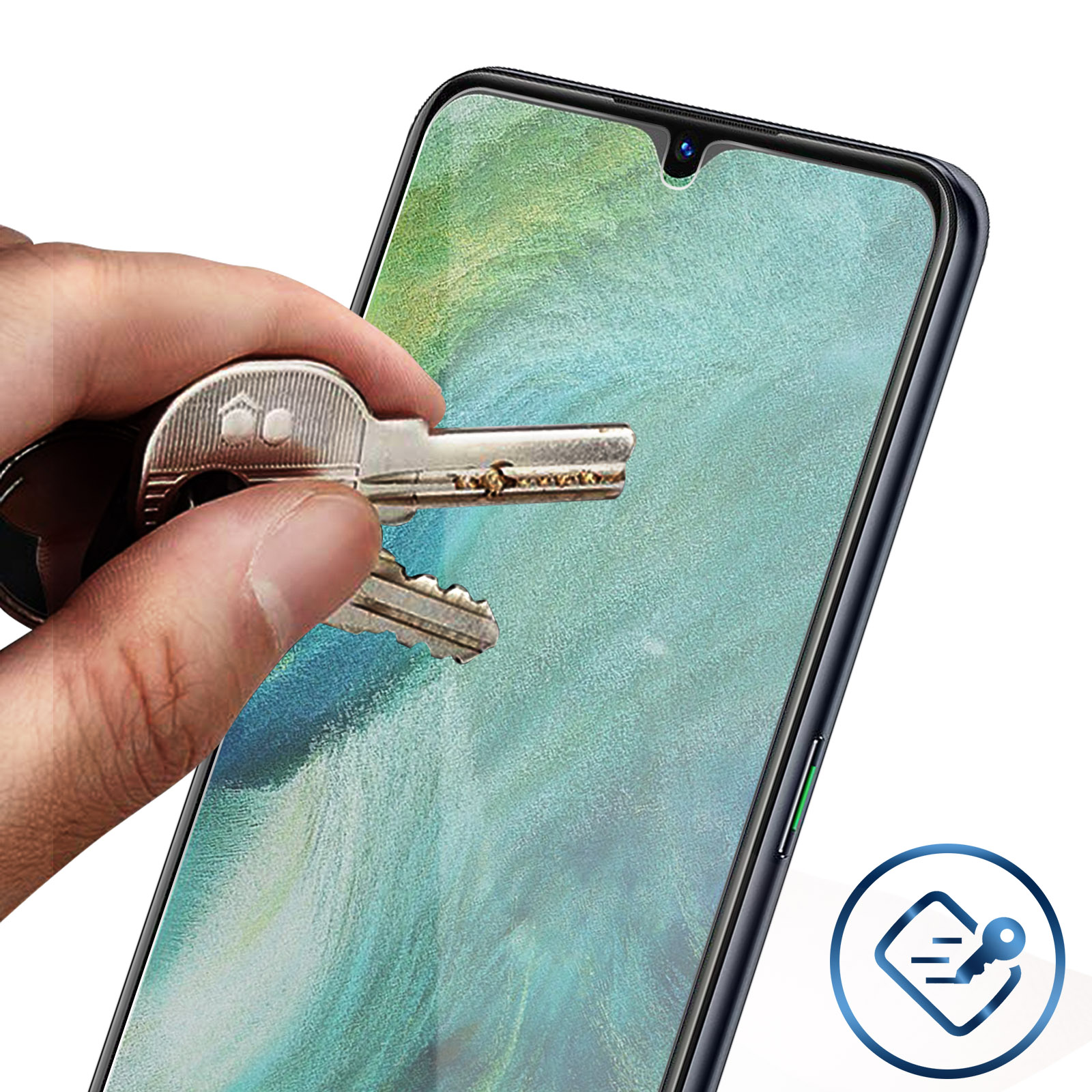 Una mano inserisce le chiavi nello schermo del telefono. Un logo si trova nell'angolo in basso a destra. Lo schermo è acceso.