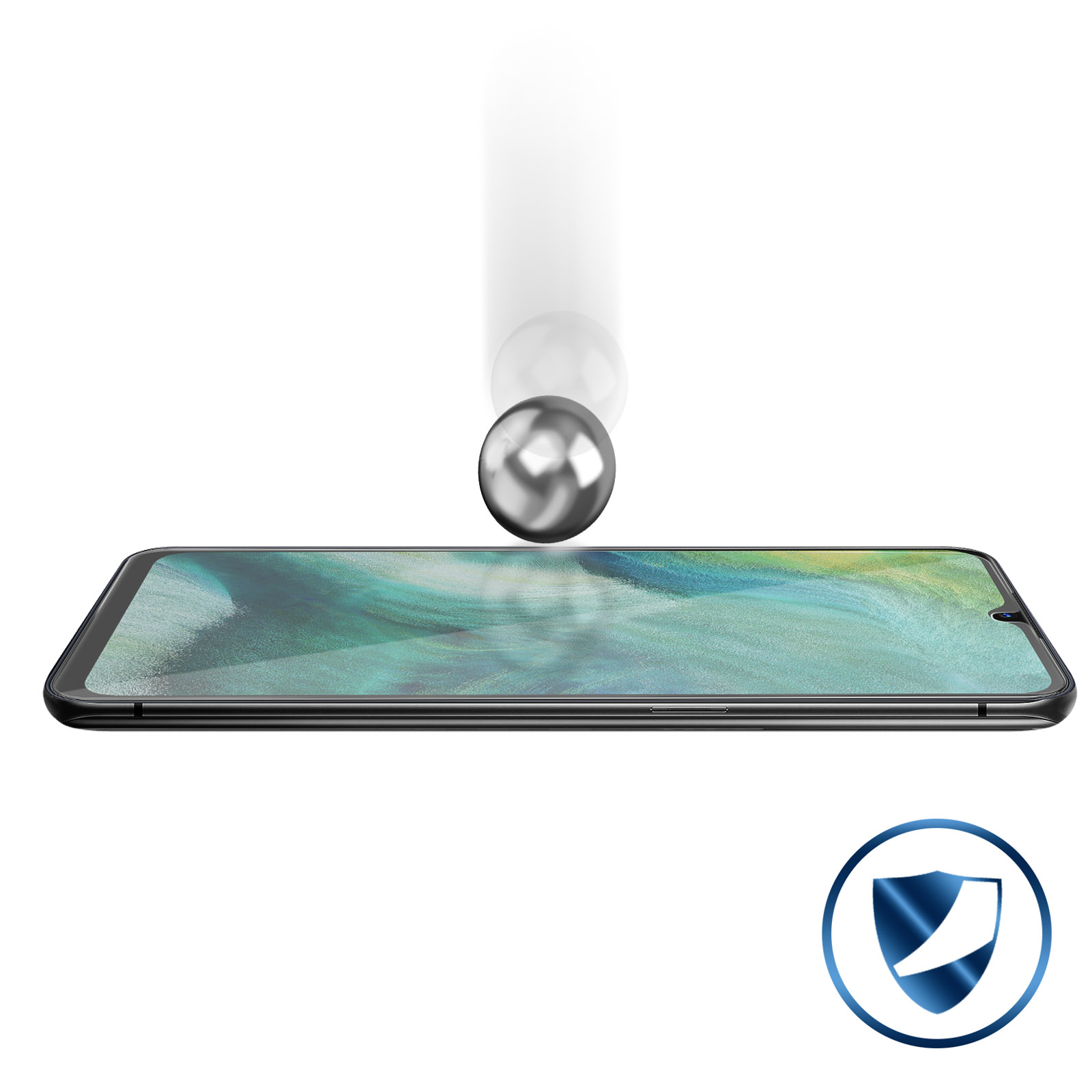 Smartphone con protezione schermo. Sfera metallica rimbalza verso lo schermo. Viene mostrata un'icona scudo.