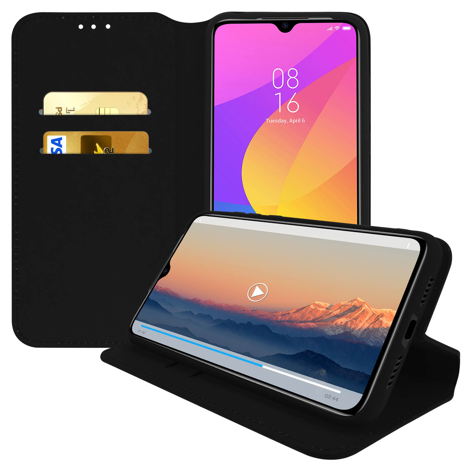 Étui de téléphone noir ouvert avec deux téléphones à l'intérieur. L'un affiche une vidéo et l'autre un écran différent.