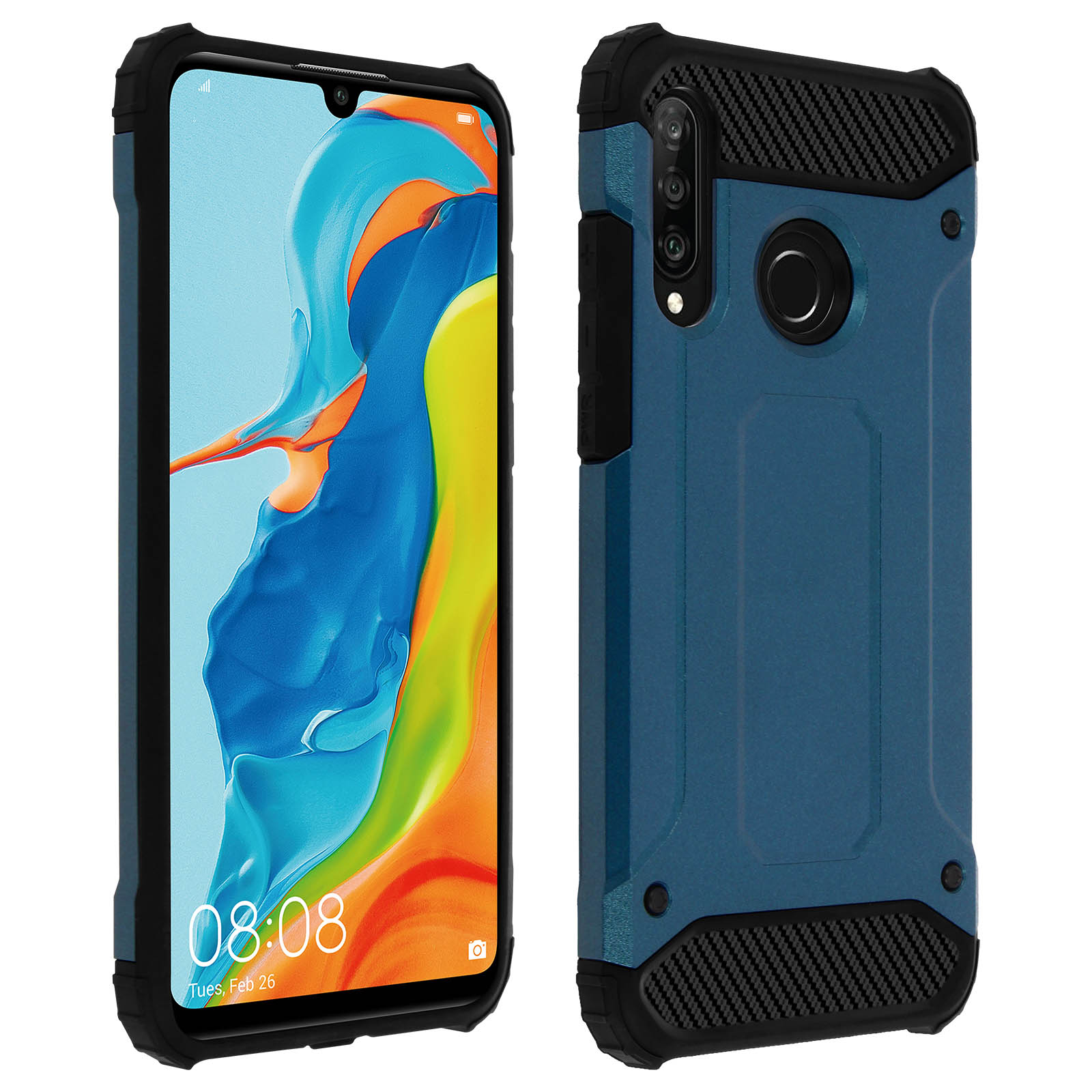 Un telefono blu in una custodia protettiva, con schermo colorato.