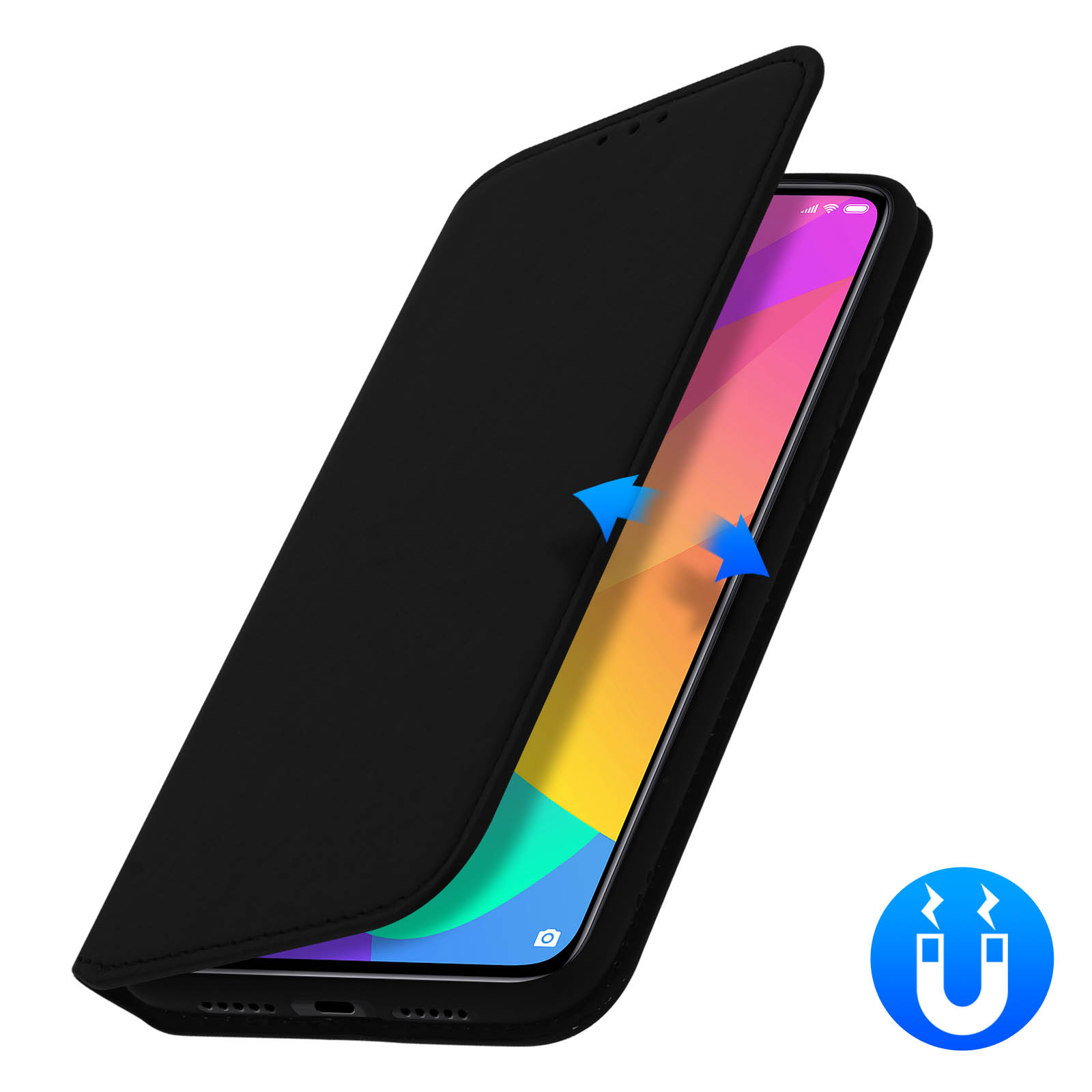 Coque de téléphone noire avec un téléphone inséré, ouverte pour montrer l'écran, avec des symboles magnétiques.