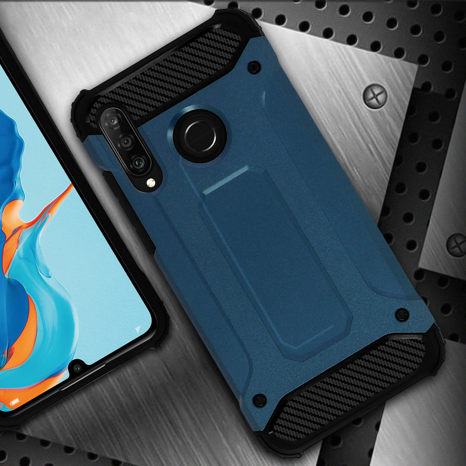 Custodia per telefono blu con cornice nera, su una superficie metallica. Design strutturato.
