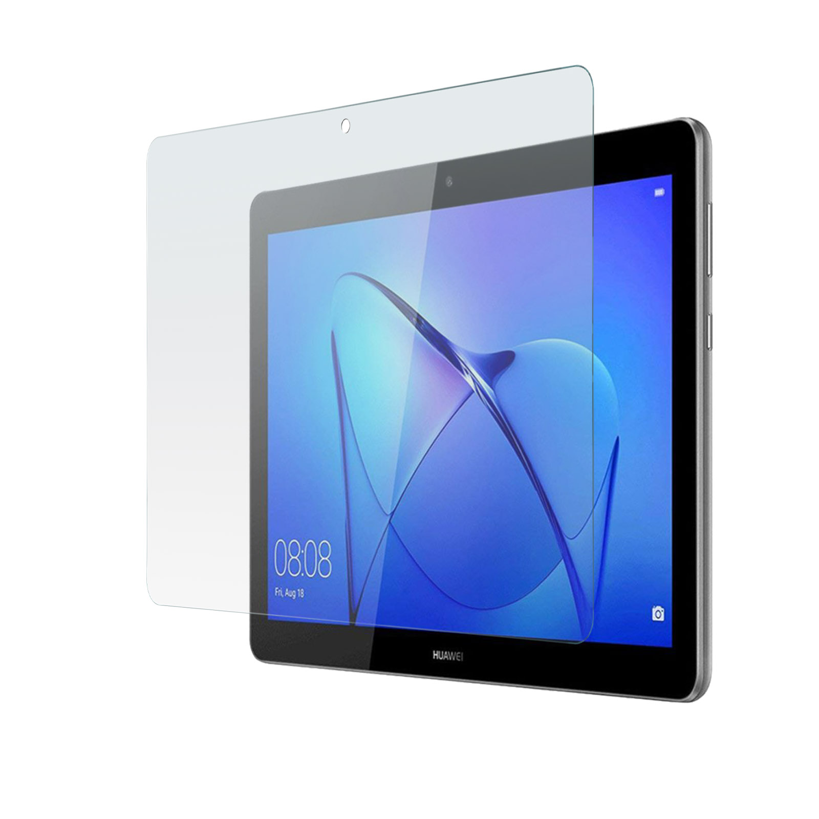 Tablet met schermbeschermer, toont tijd en datum.