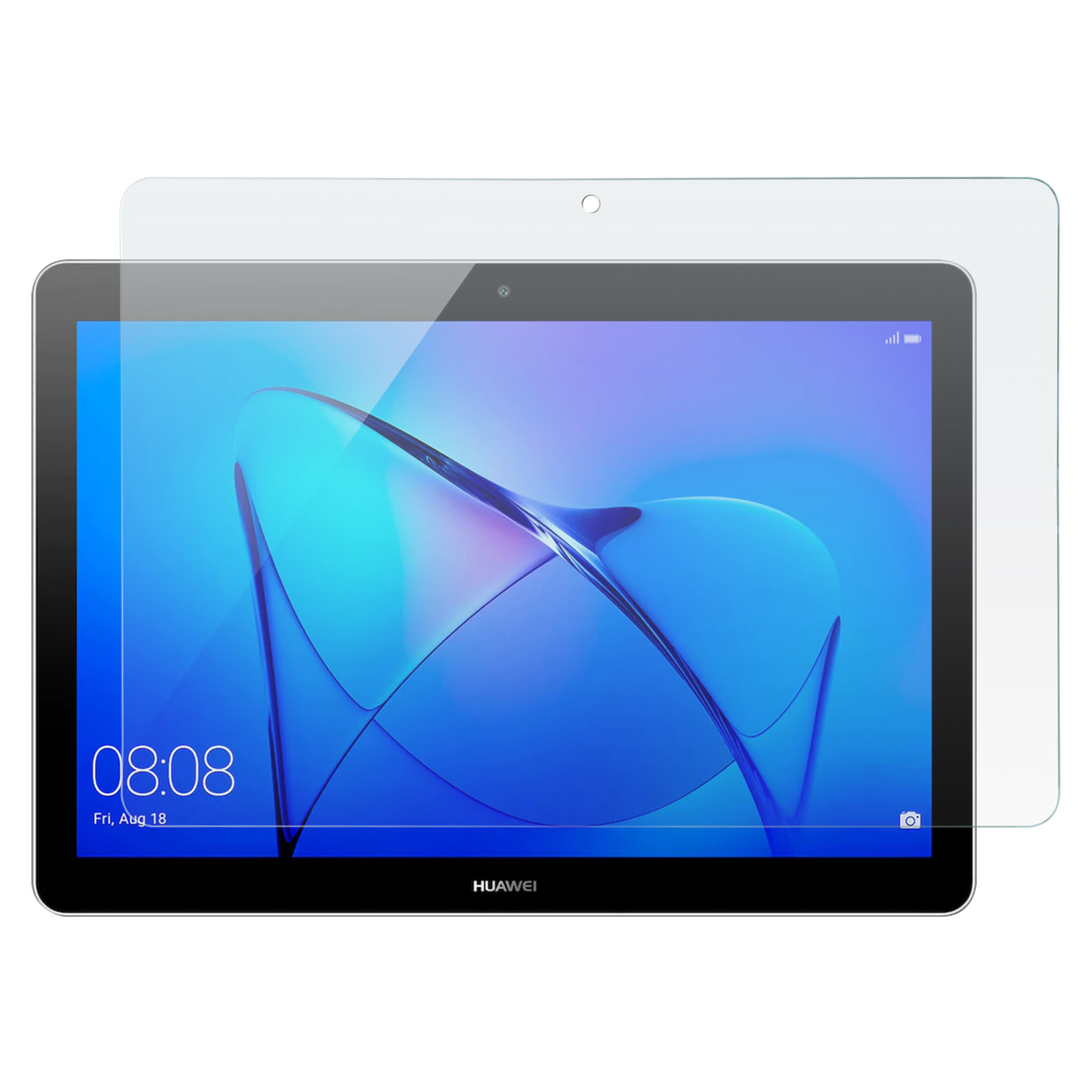 Tablet met een schermbeschermer erop. Het scherm toont een blauwe achtergrond met een logo.
